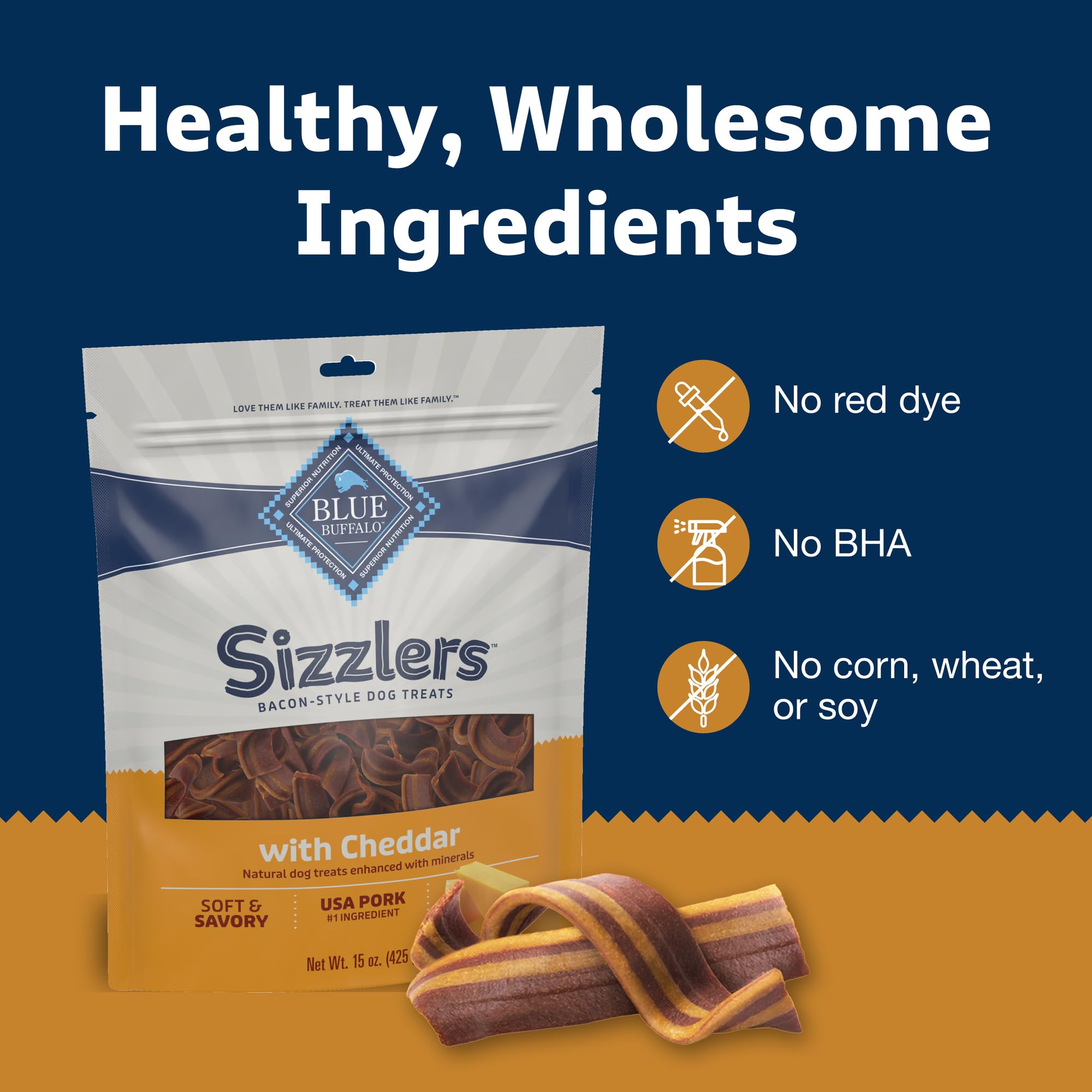 Blue Buffalo Sizzlers emballage clair avec informations sur ingrédients.