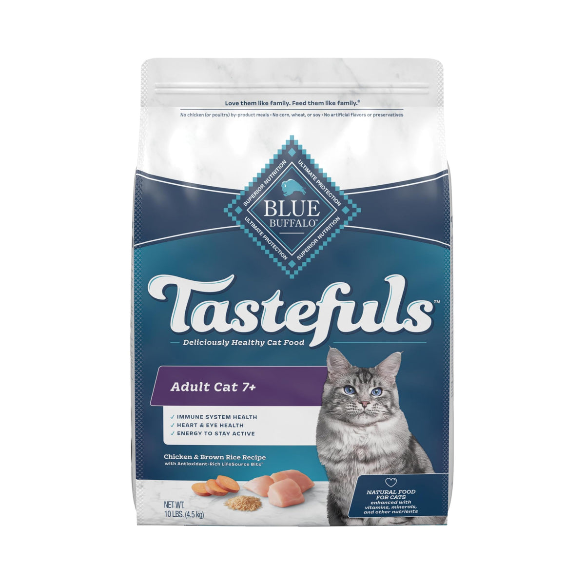 Blue Buffalo Tastefuls croquettes poulet pour chat adulte 7+ favorisant énergie et satiété.