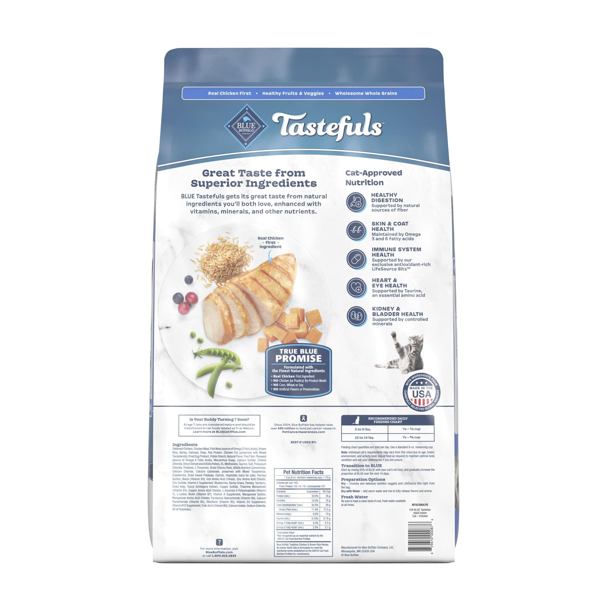 Blue Buffalo Tastefuls pour chat adulte intérieur avec riz brun et légumes.