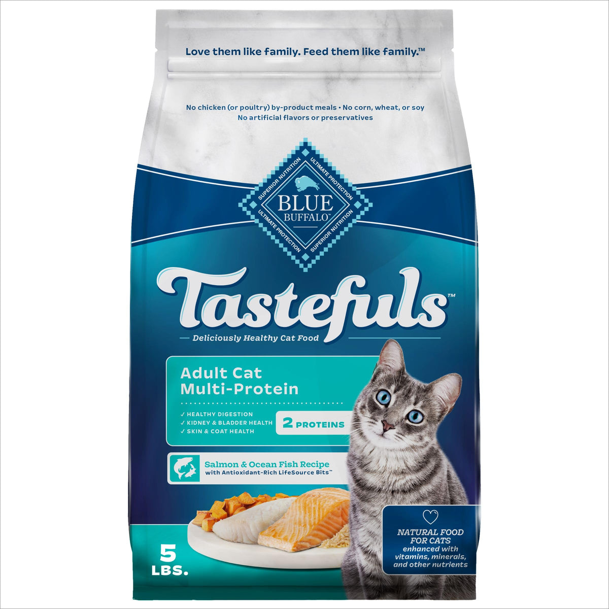 Blue Buffalo Tastefuls croquettes chat adulte saumon et poisson, énergie et goût.