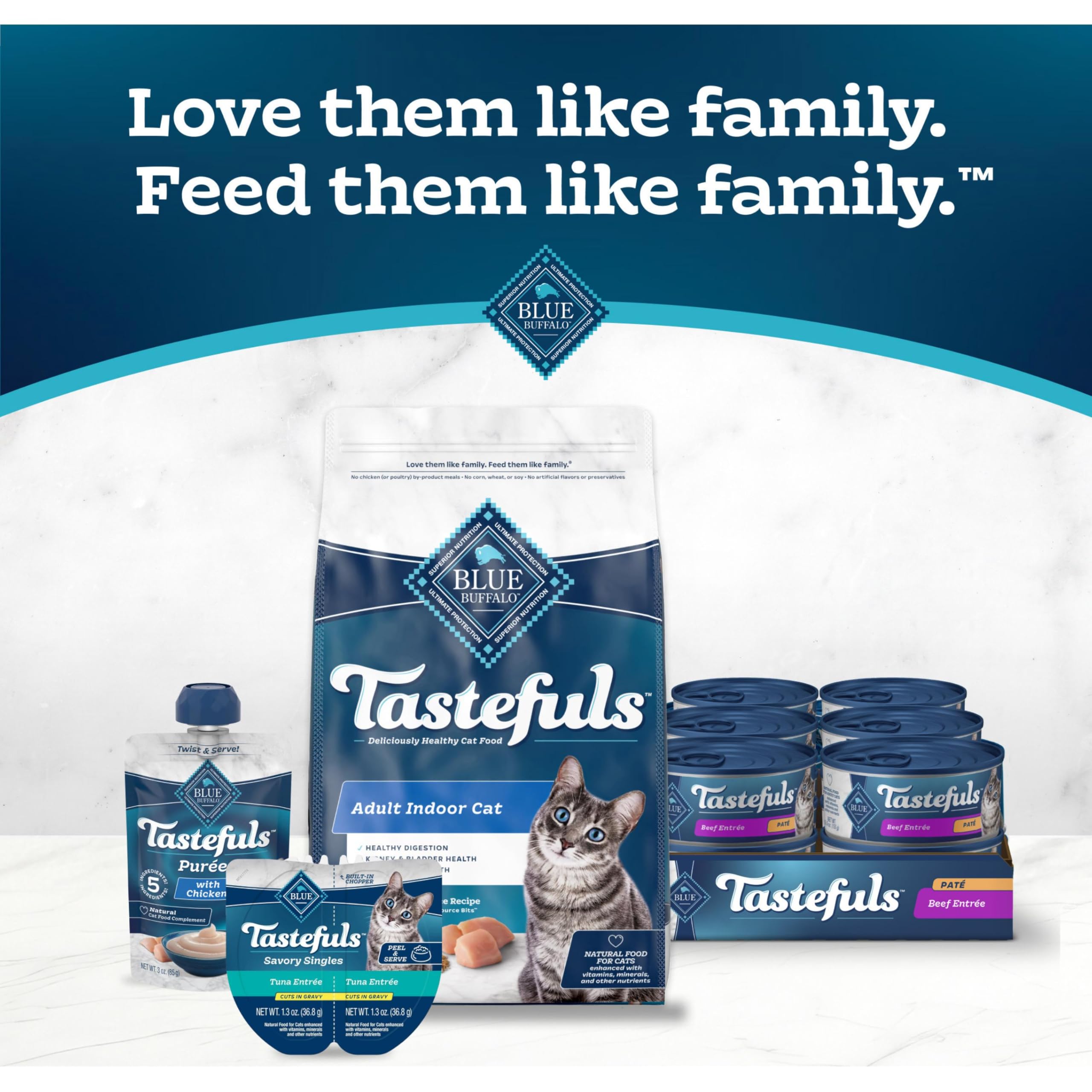 Blue Buffalo Tastefuls Paté chat — sans maïs, blé et soja pour une alimentation plus claire.