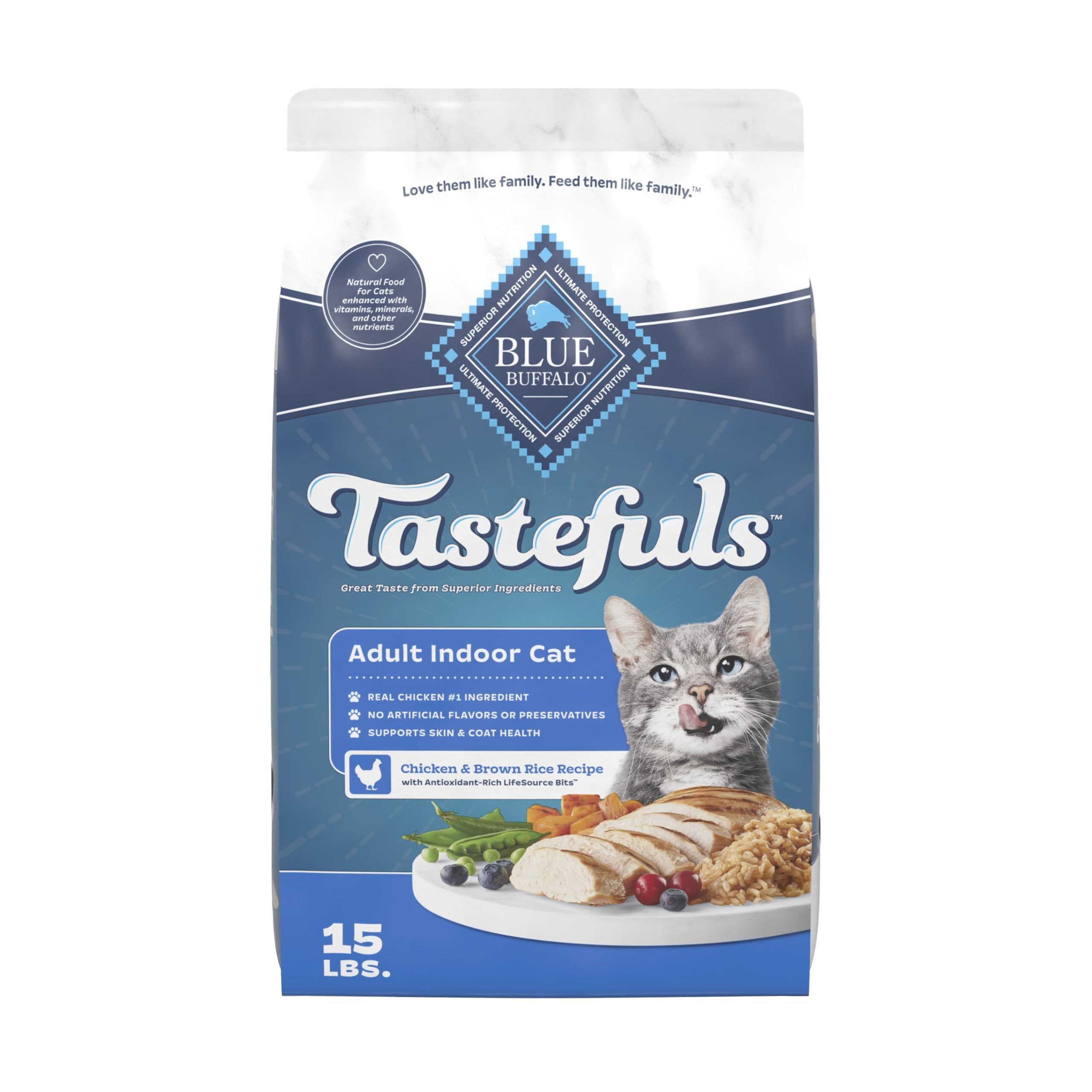 Blue Buffalo Tastefuls avec poulet réel comme premier ingrédient.