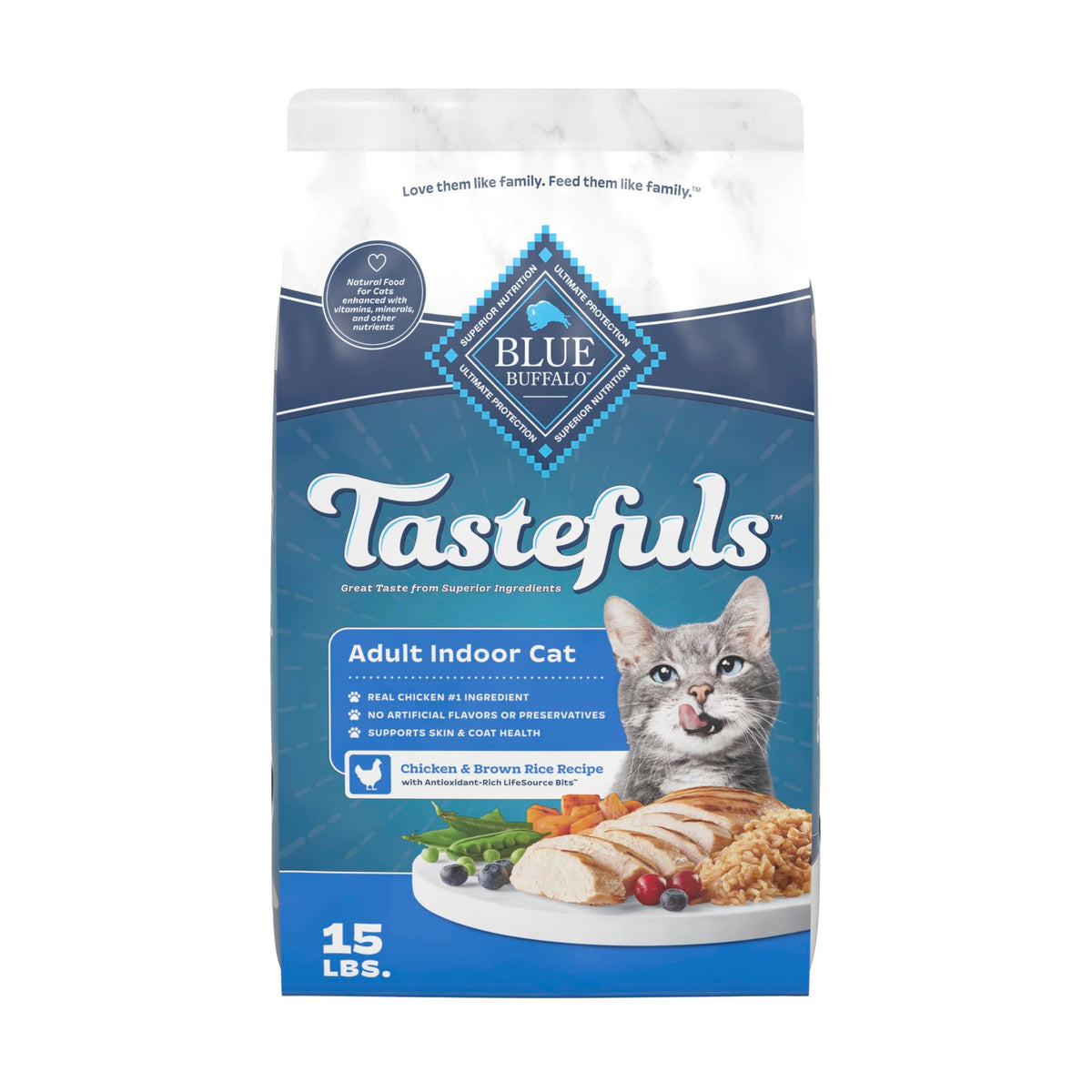 Blue Buffalo Tastefuls avec poulet réel comme premier ingrédient.