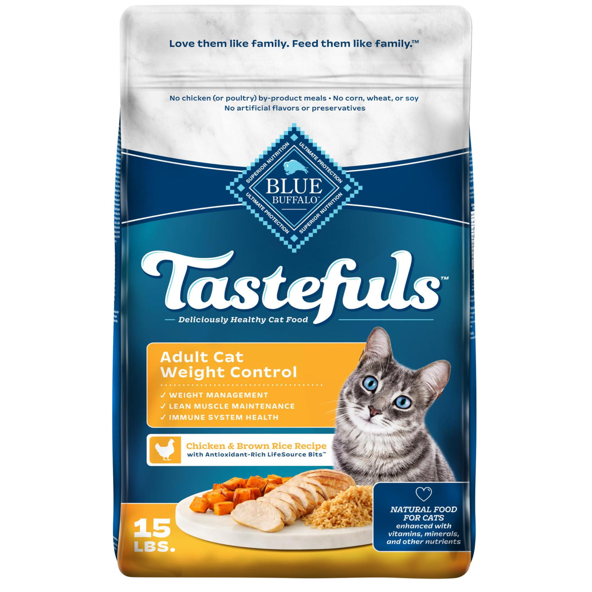 Blue Buffalo Tastefuls poulet premier ingrédient, emballage reflétant qualité et saveur