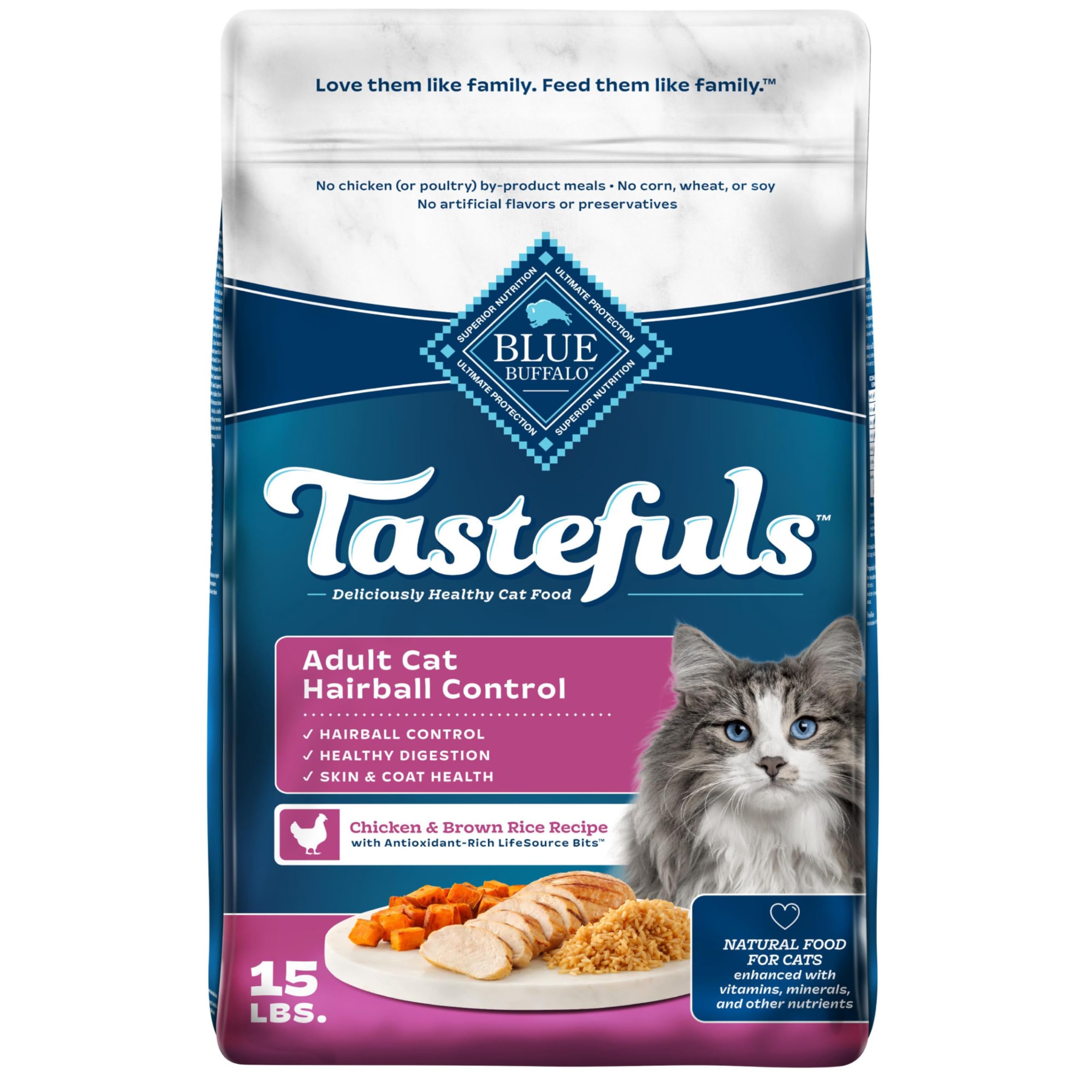 Blue Buffalo Tastefuls montre une portion dans un bol, poulet et riz brun pour chats.