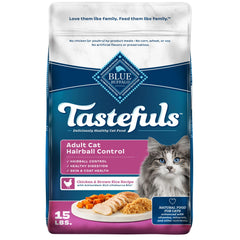 Blue Buffalo Tastefuls montre une portion dans un bol, poulet et riz brun pour chats.