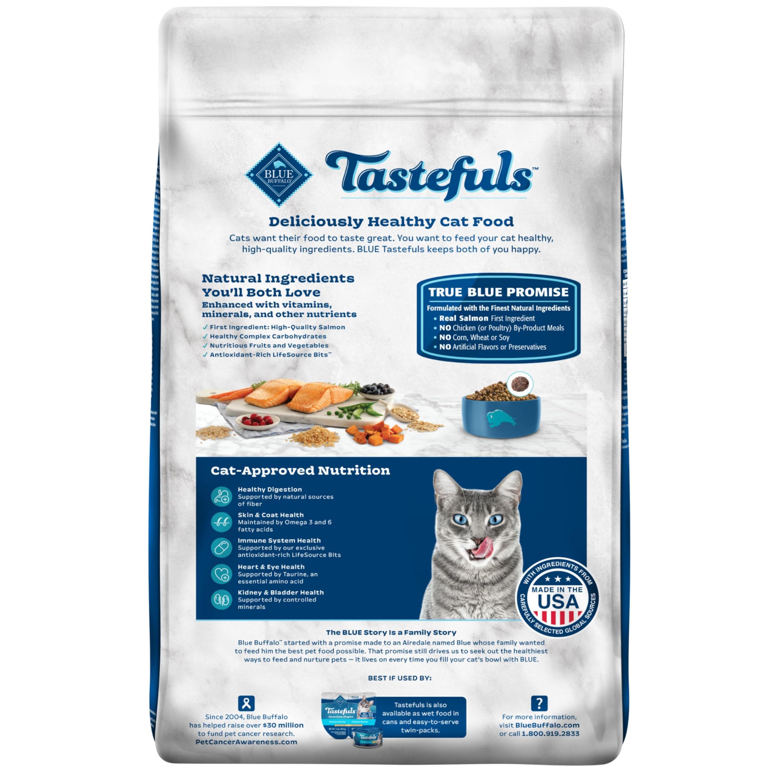 Blue Buffalo Tastefuls premier ingrédient saumon pour chat intérieur.