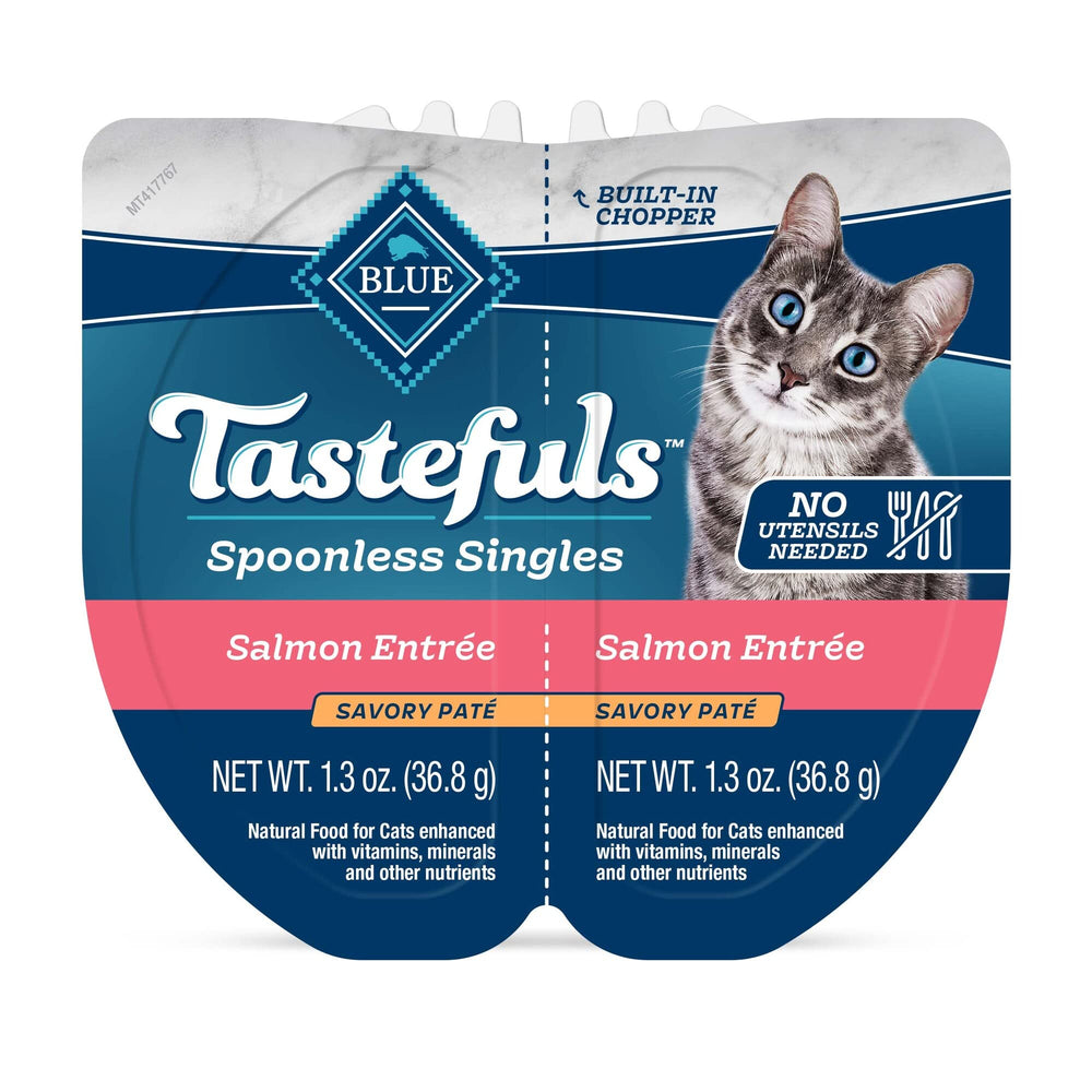 Blue Buffalo Tastefuls Spoonless Singles, lot double de 2,6 oz, pratique pour stocker et servir.