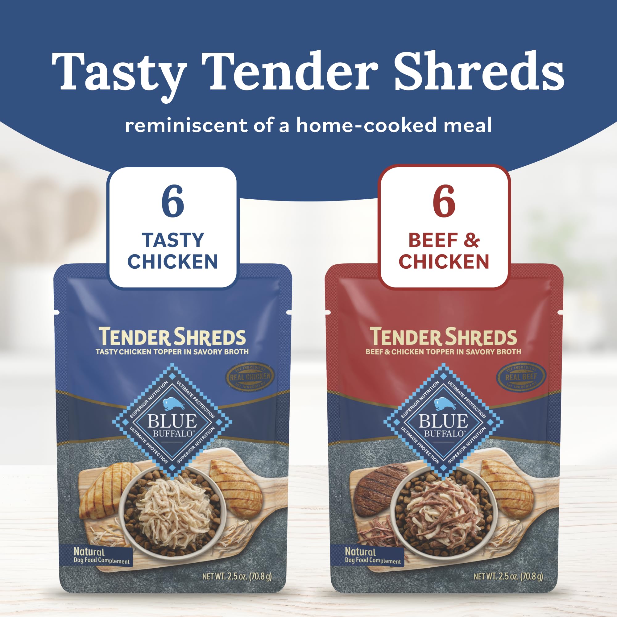 Blue Buffalo Tender Shreds – morceaux boeuf et poulet, bouillon savoureux pour un dîner appétissant.