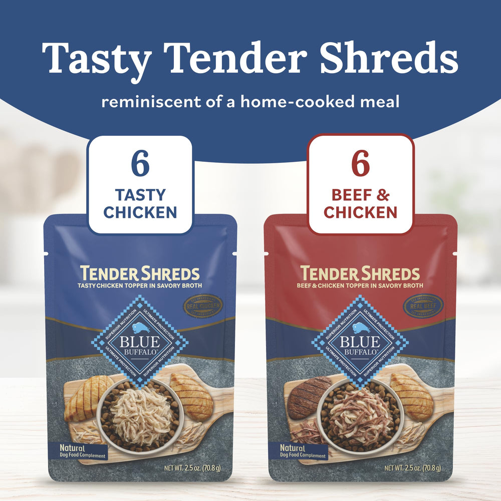 Blue Buffalo Tender Shreds – morceaux boeuf et poulet, bouillon savoureux pour un dîner appétissant.