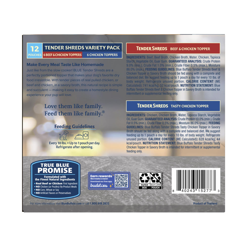 Blue Buffalo Tender Shreds – morceaux poulet, texture tendre qui ravira les repas quotidiens.