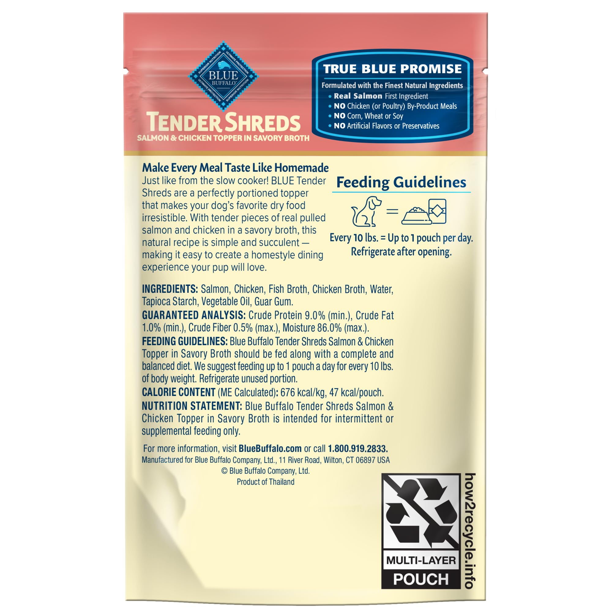 Tender Shreds Blue Buffalo: morceaux de saumon dans bouillon savoureux, appétence accrue.