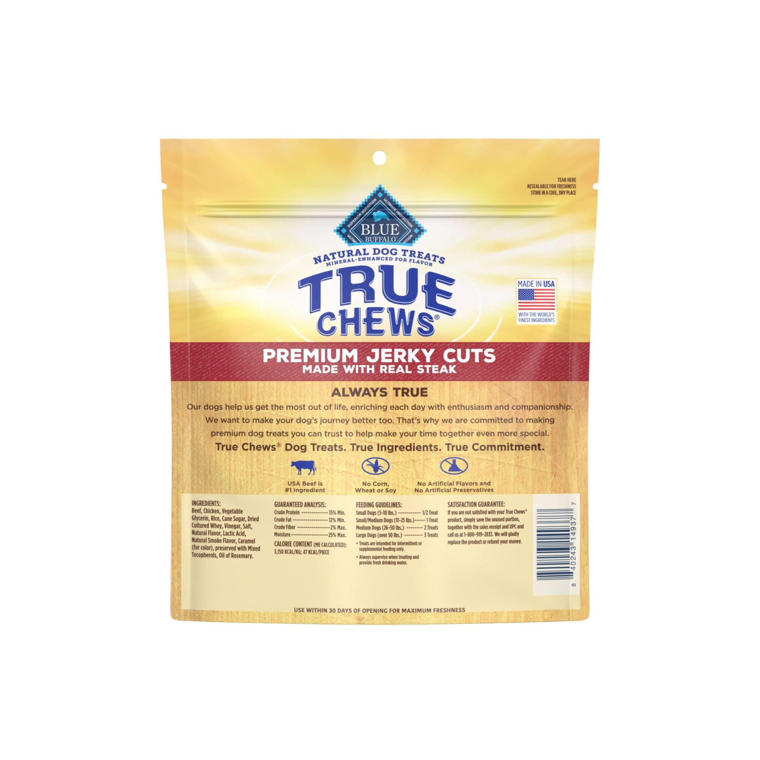 Blue Buffalo True Chews – morceaux tendres de jerky au bœuf, faciles à partager