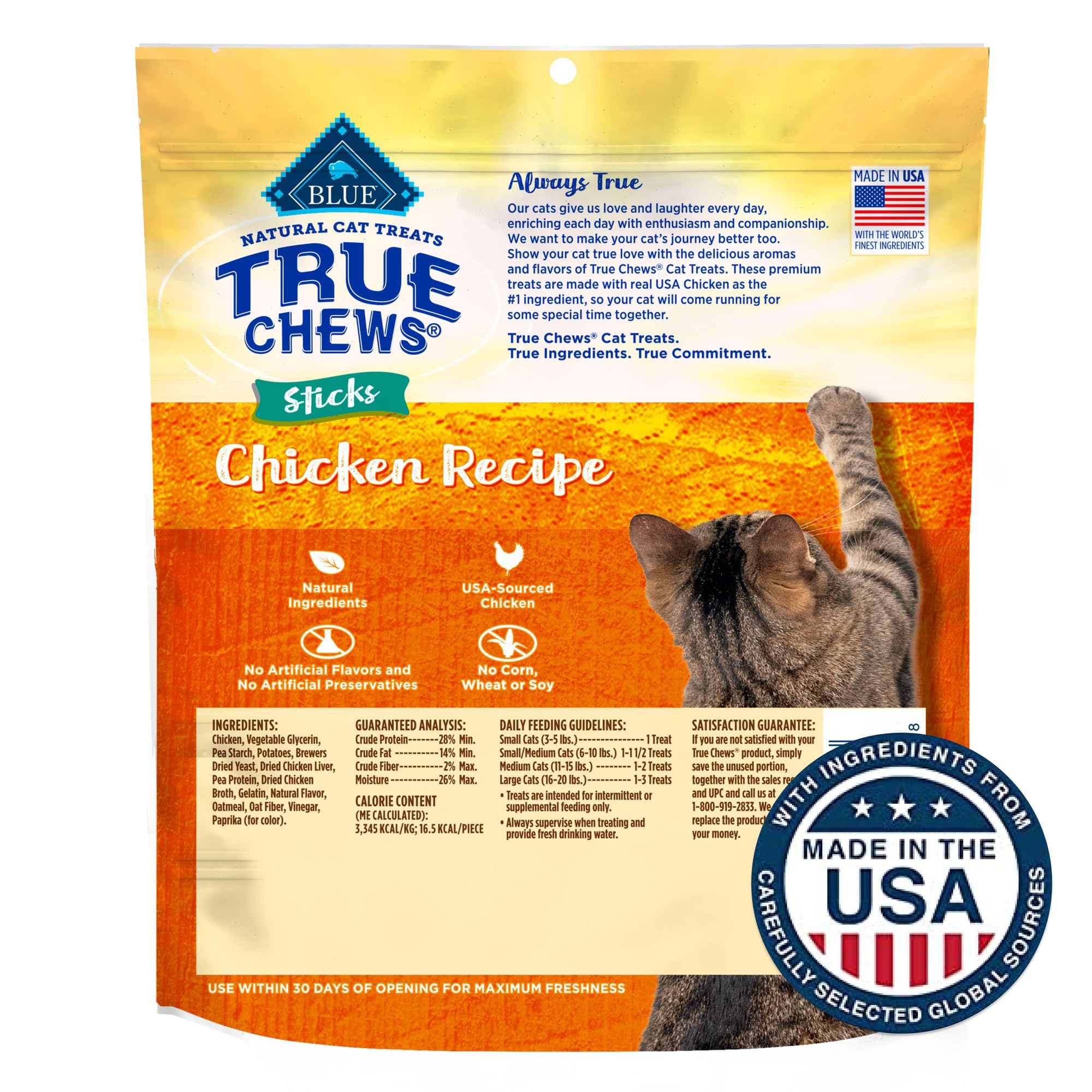 Blue Buffalo True Chews Sticks emballage poulet, ingrédients naturels mis en valeur