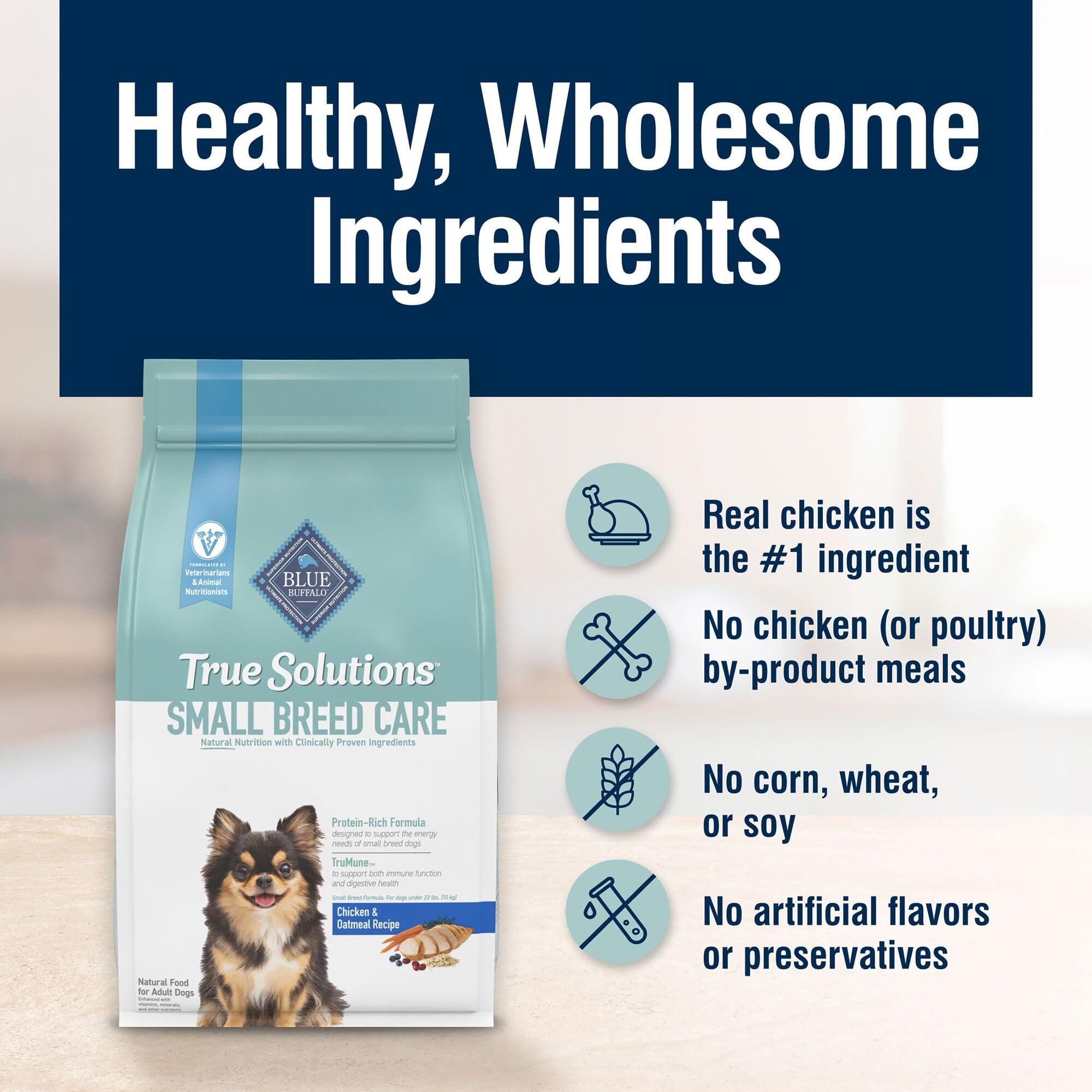 Poulet réel en premier ingrédient dans Blue Buffalo True Solutions.