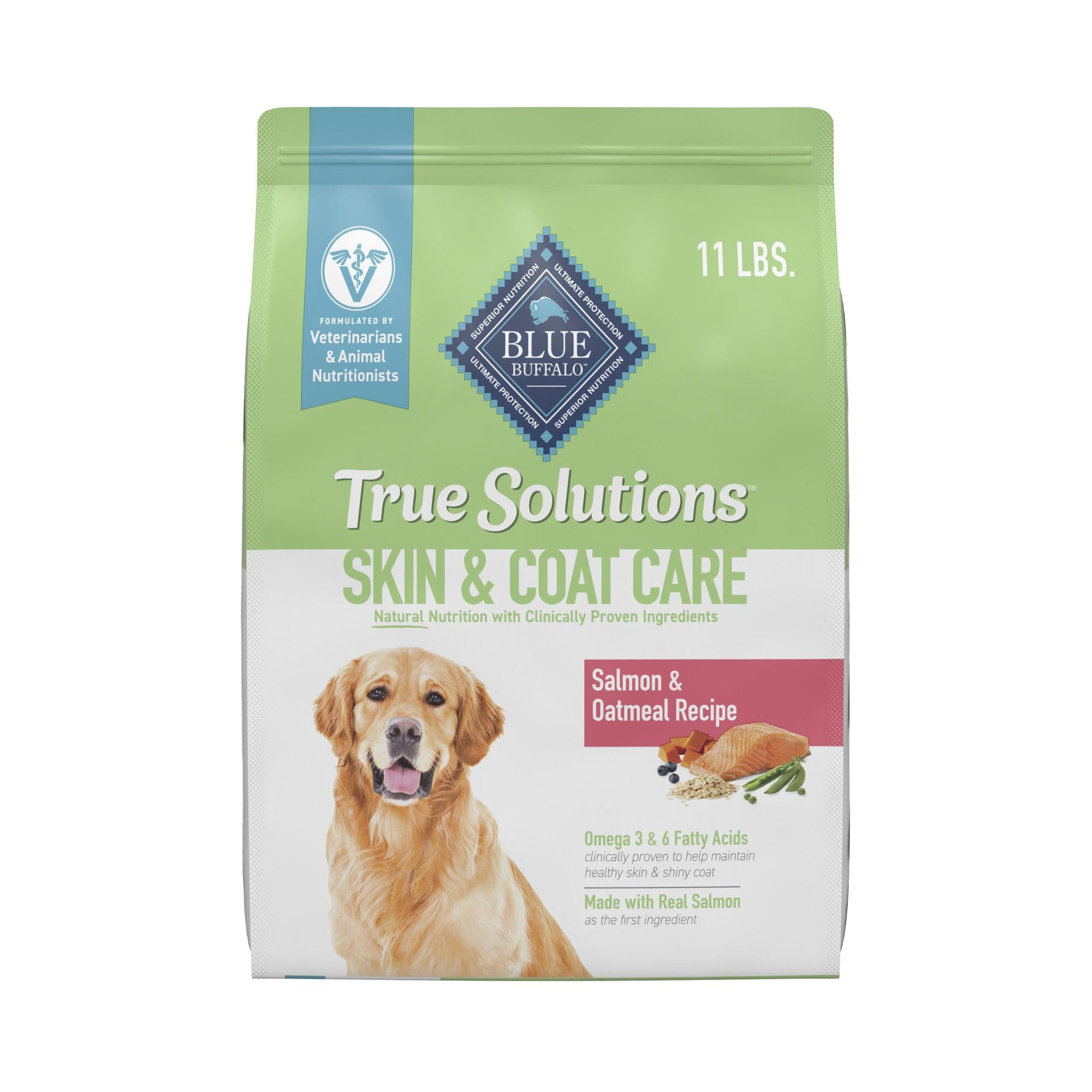 Blue Buffalo True Solutions sac 11 lb vu de face, alimentation quotidienne idéale pour chiots adultes.