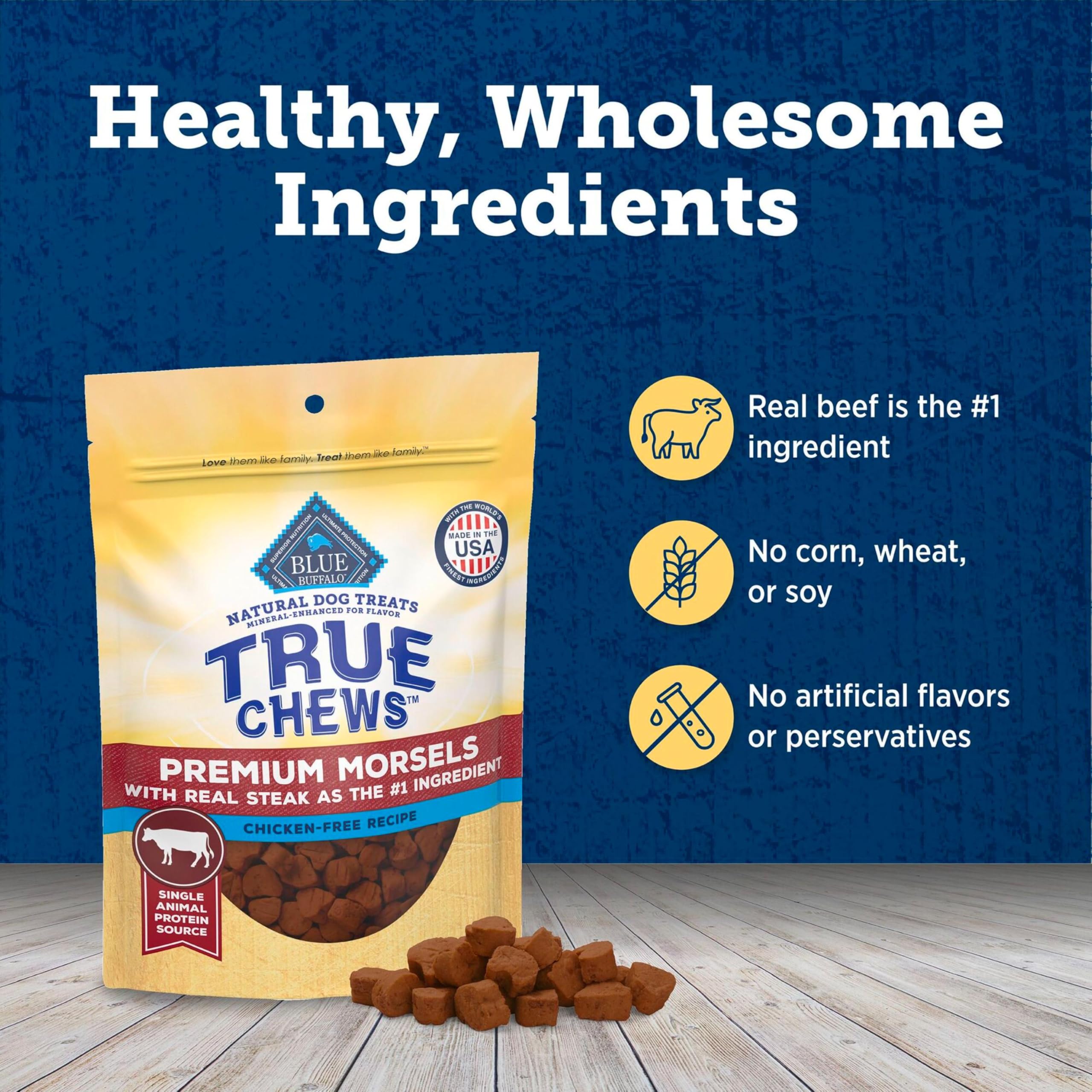 Blue Buffalo True Chews Emballage Amélioré, mise en valeur des ingrédients et avantages clés