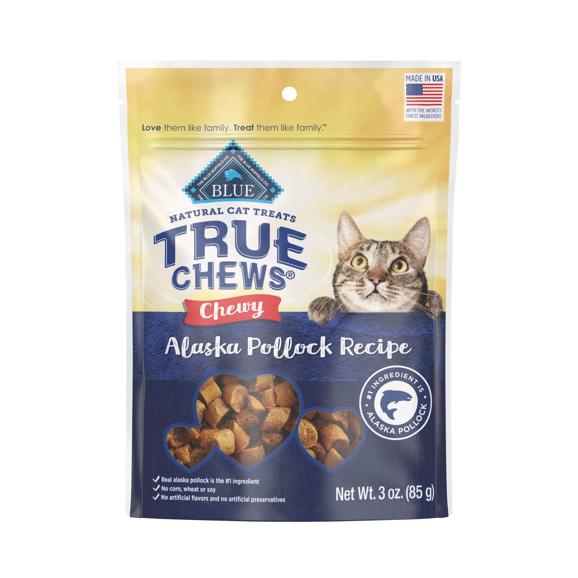 Blue Buffalo True Chews – hareng d'Alaska, premier ingrédient, récompense naturelle pour chat.