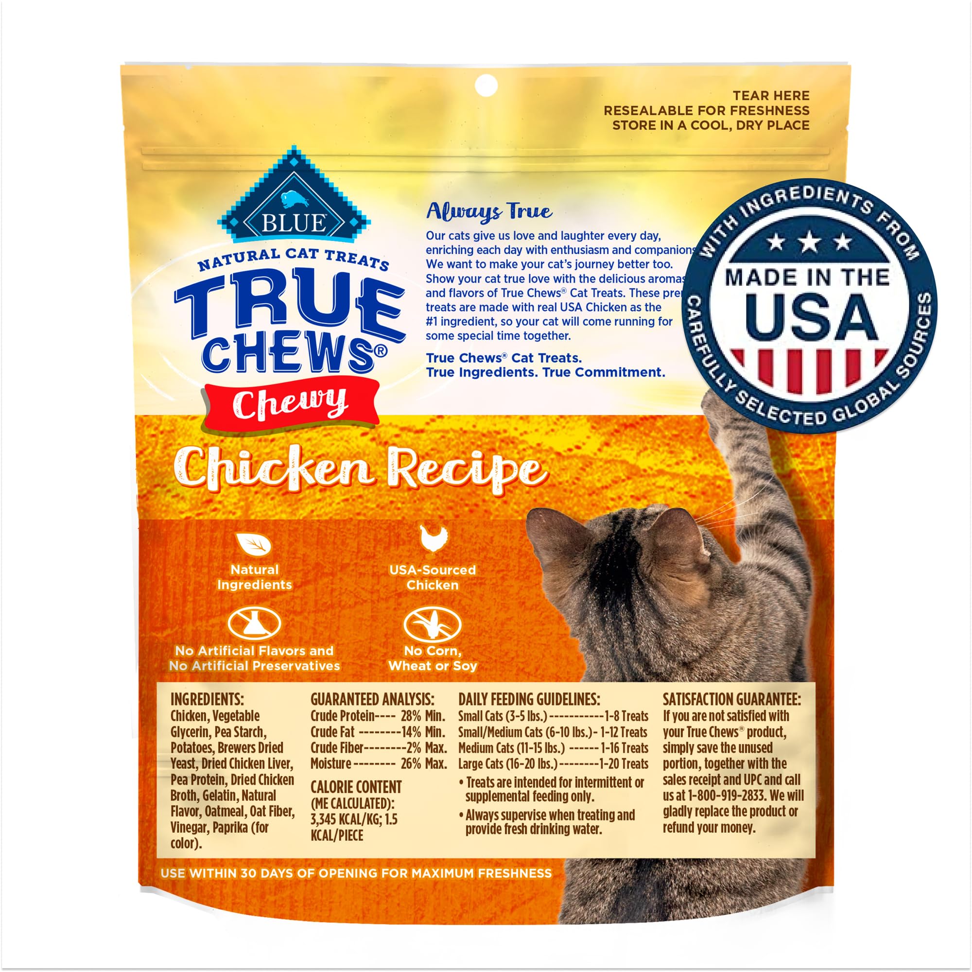 Blue Buffalo True Chews avec poulet premier ingrédient, goût apprécié des chats.