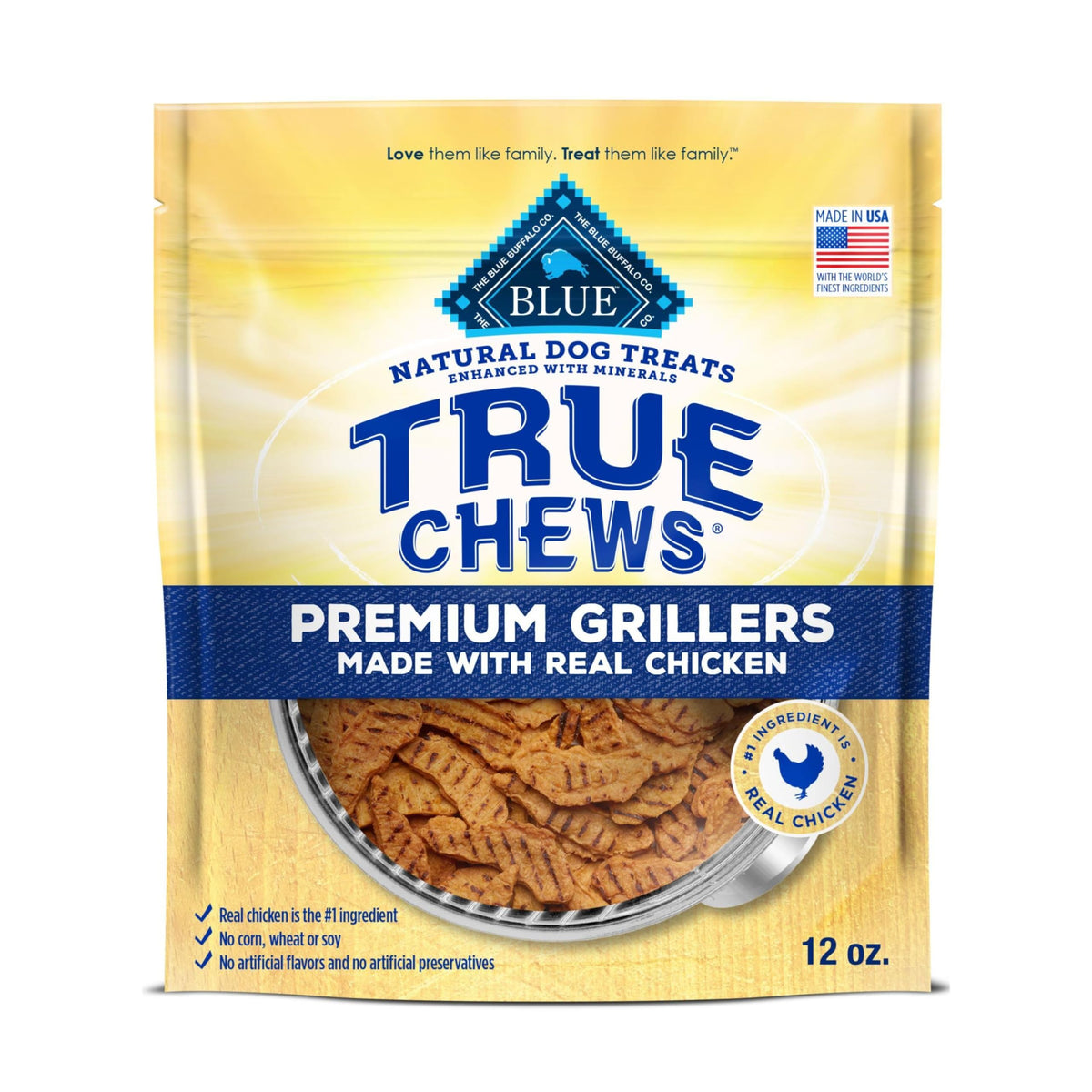Blue Buffalo True Chews Premium Grillers au poulet, sachet 12oz, récompense naturelle.