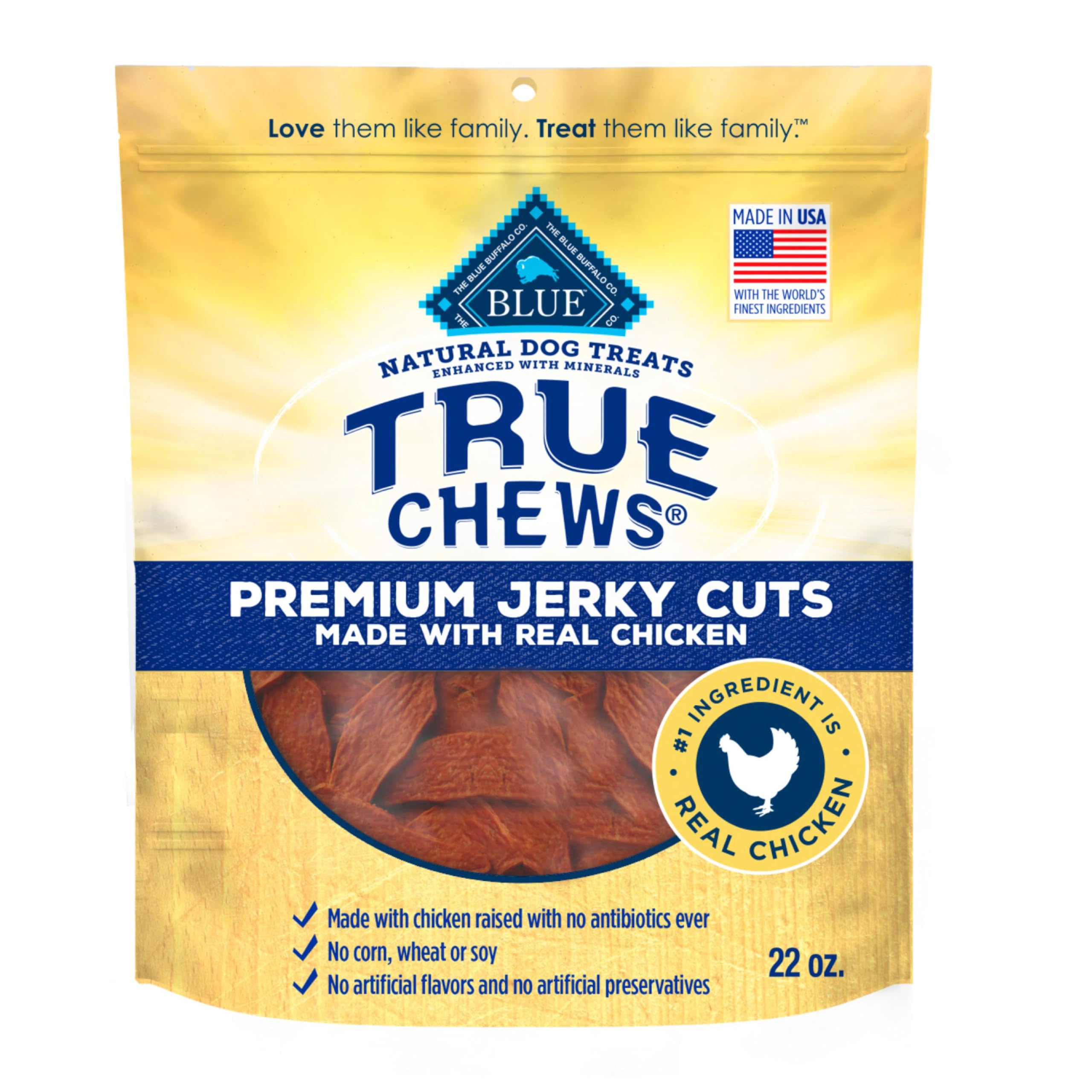 Blue Buffalo True Chews: tranches de poulet séchées, récompense savoureuse et facile à partager.
