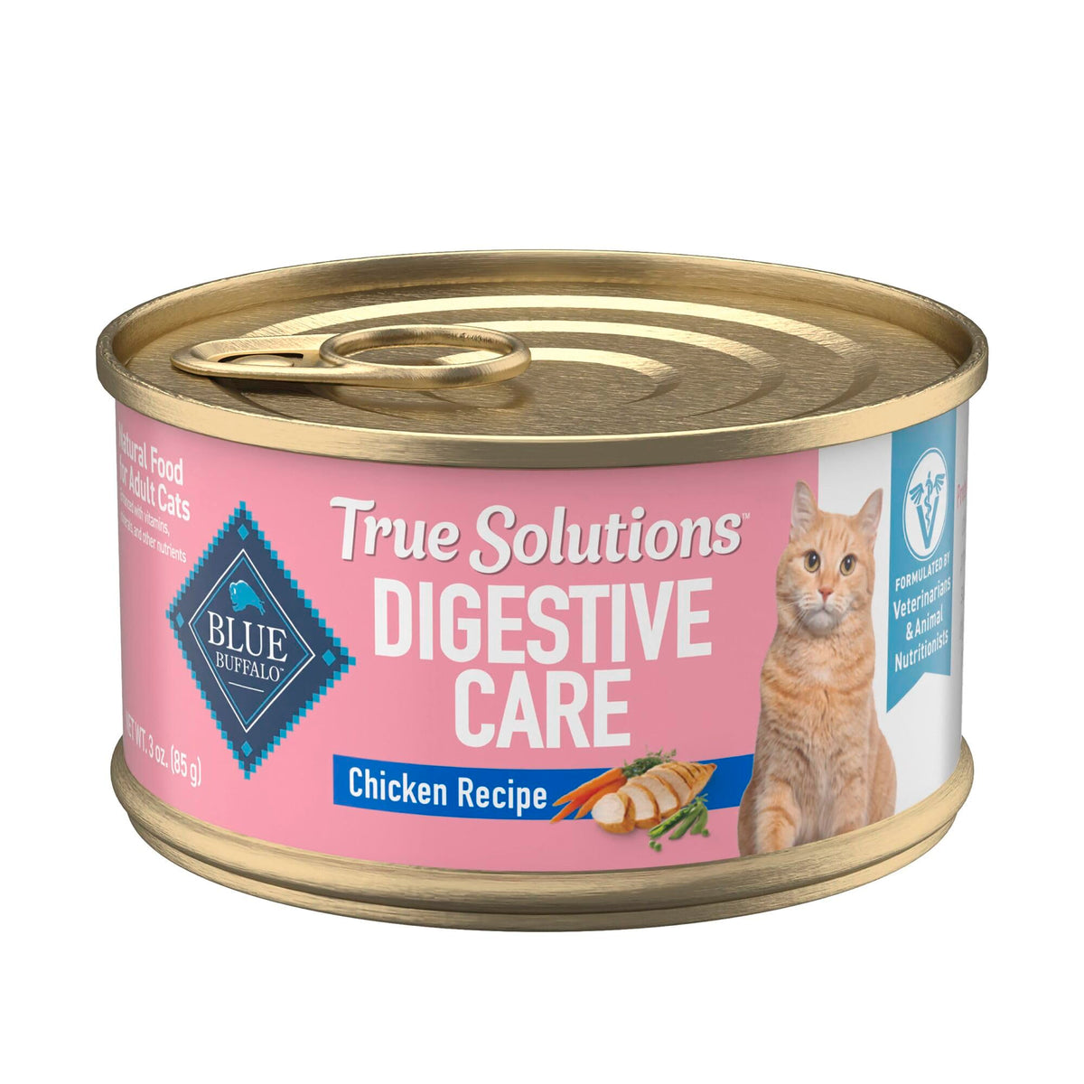 Blue Buffalo True Solutions Digestive Chat pâté en boîte 3oz, premier ingrédient poulet, attrayant pour le chat.