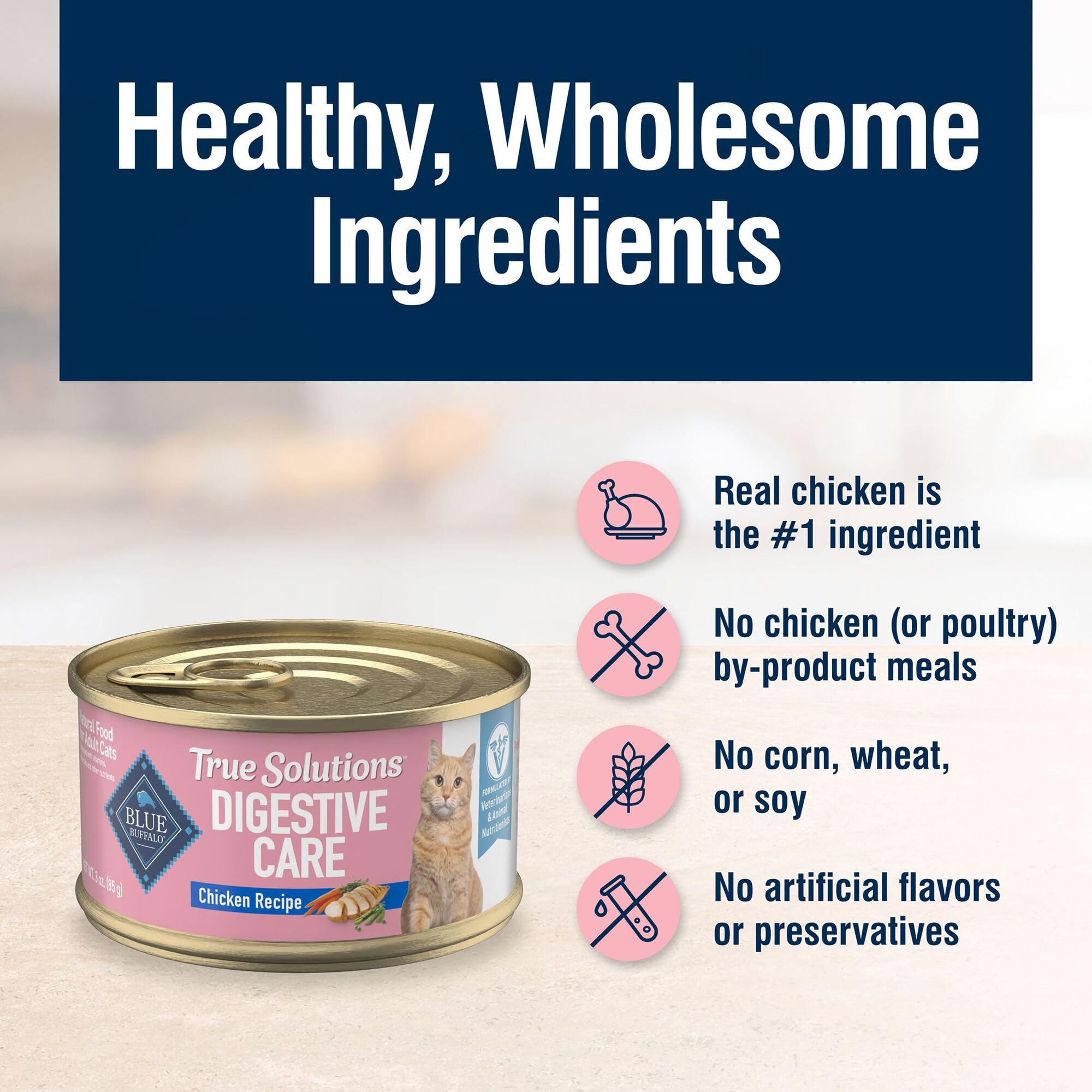 Blue Buffalo True Solutions Digestive Chat sans sous-produits de poulet pour une alimentation naturelle.