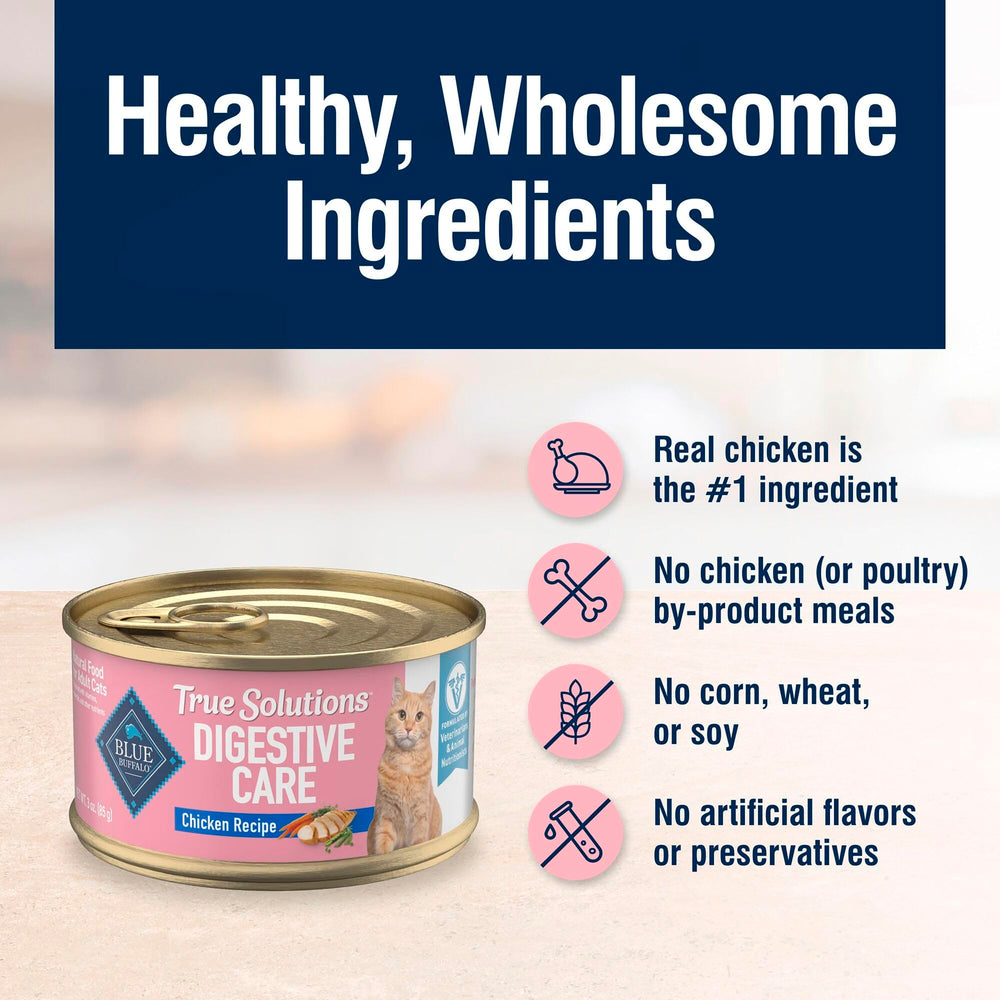 Blue Buffalo True Solutions Digestive Chat sans sous-produits de poulet pour une alimentation naturelle.