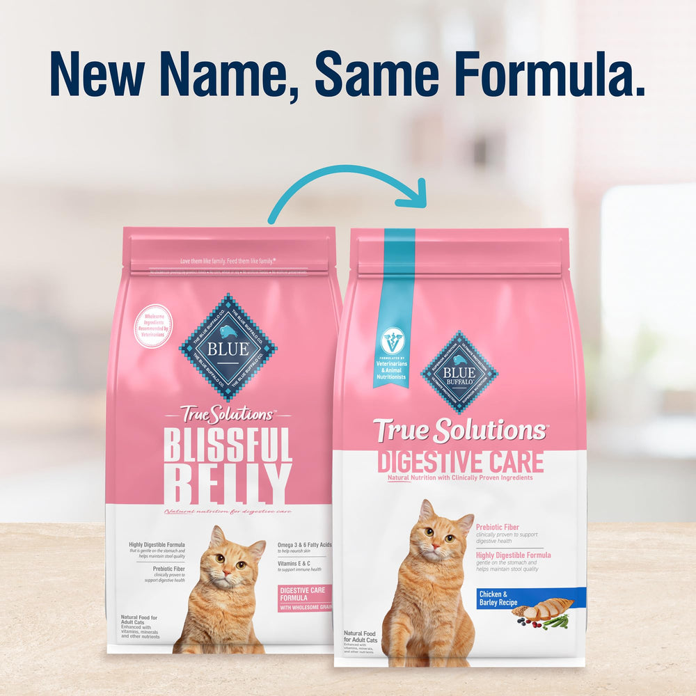 Blue Buffalo True Solutions Digestive Care bol chat avec croquettes, repas équilibré pour adultes.
