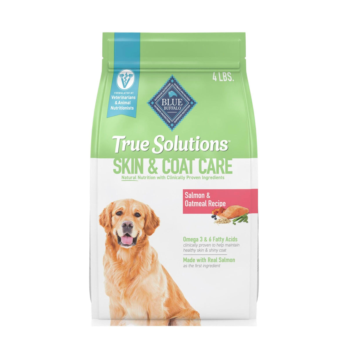 Blue Buffalo True Solutions Skin & Coat emballage avant, soin peau et pelage.