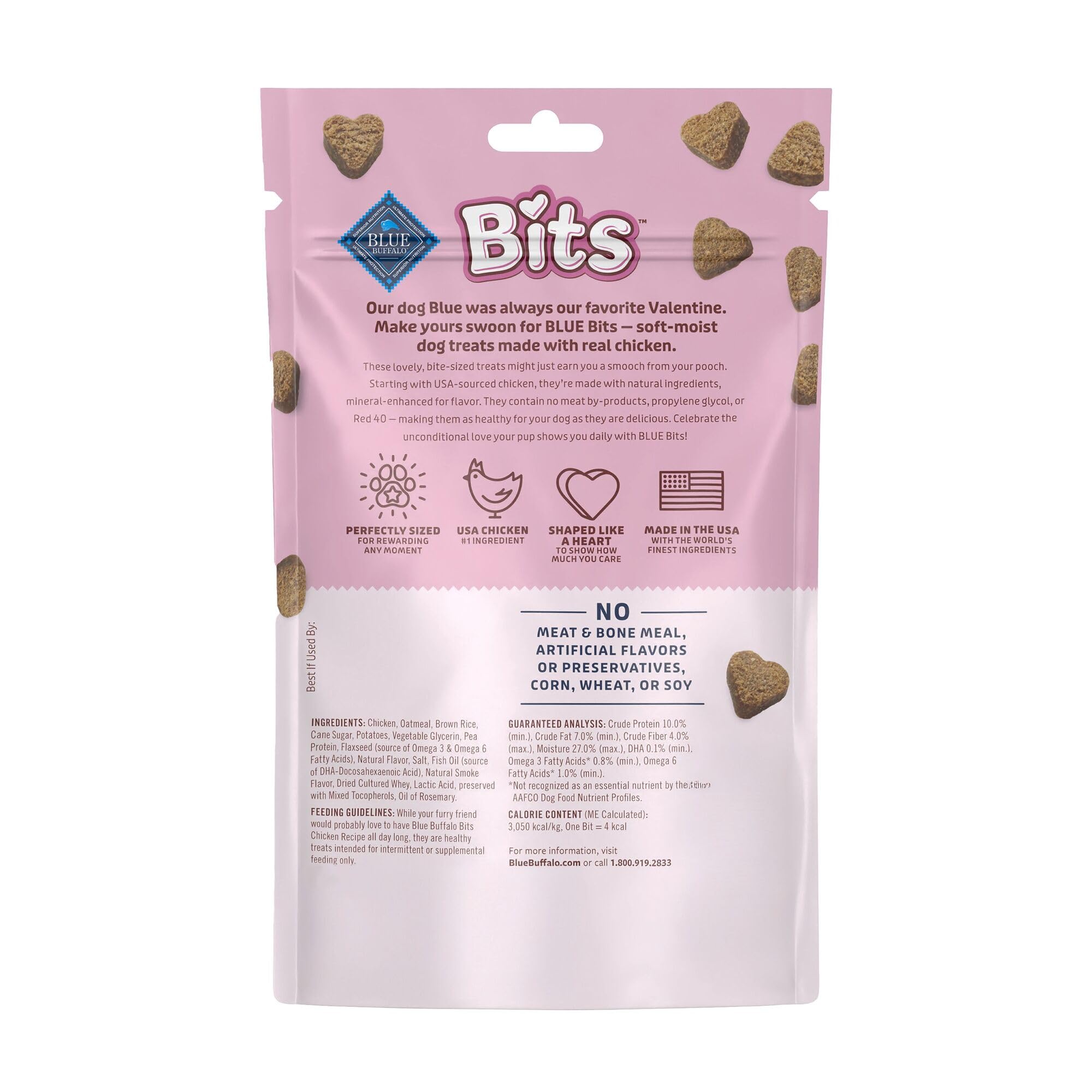 Blue Buffalo Valentines Bits, ingrédients visuels, friandise sans additifs artificiels pour chien.