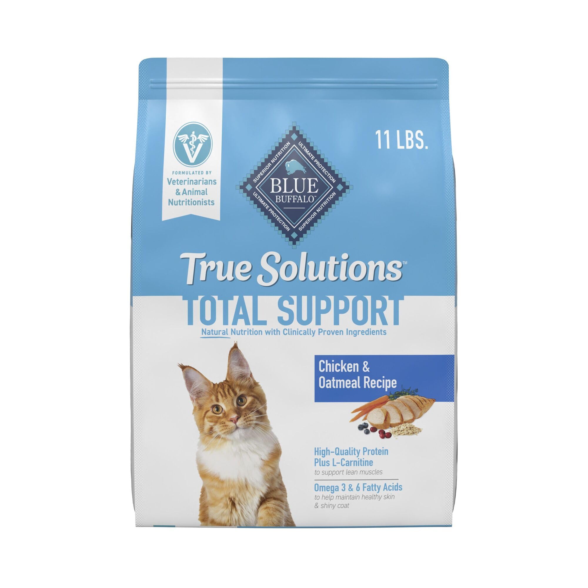 Blue Buffalo True Solutions avec premier ingrédient poulet, croquettes adaptées au chat adulte.