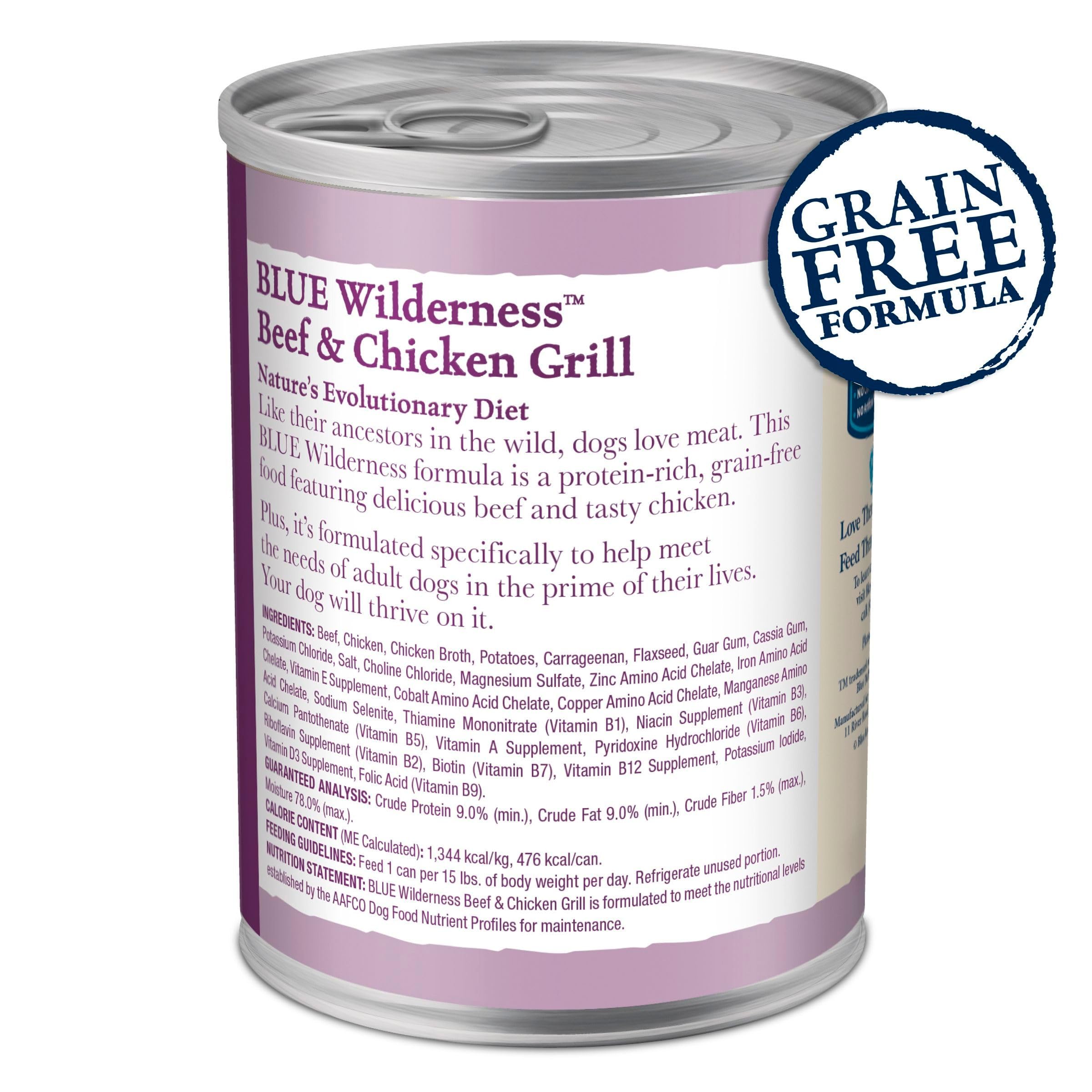 Blue Buffalo Wilderness boeuf et poulet grillés: repas humide riche en protéines pour chien actif.