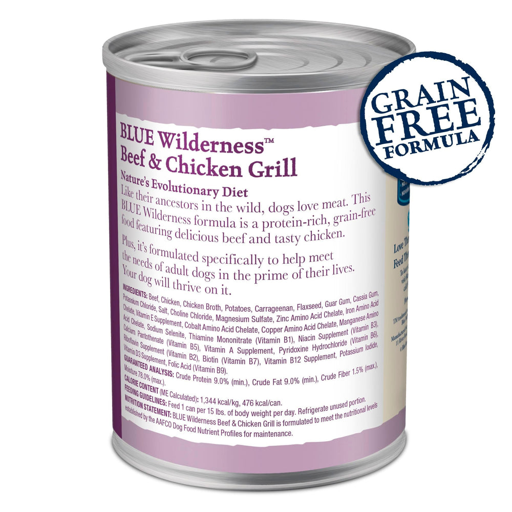 Blue Buffalo Wilderness boeuf et poulet grillés: repas humide riche en protéines pour chien actif.