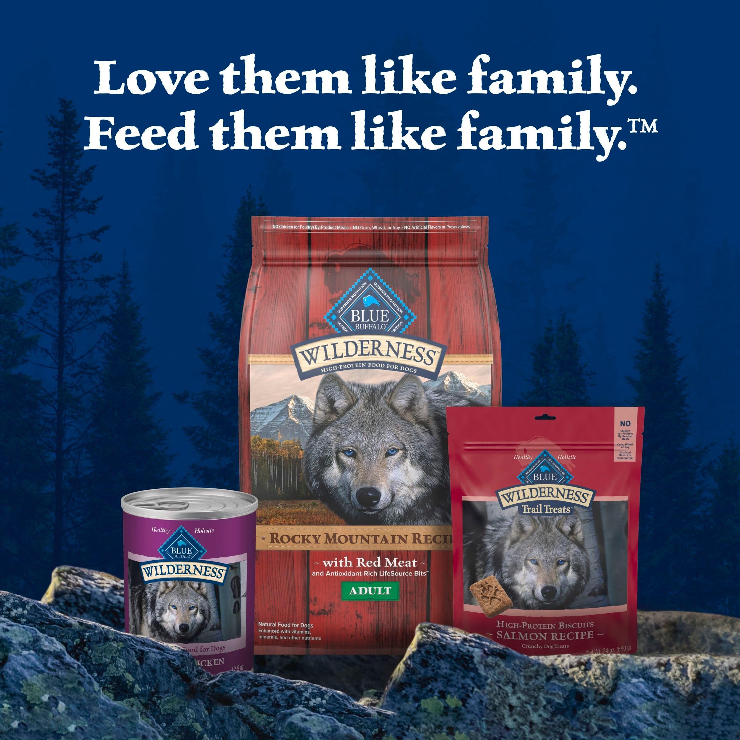 Blue Buffalo Wilderness conserve humide, boeuf et poulet grillés, source de protéines.