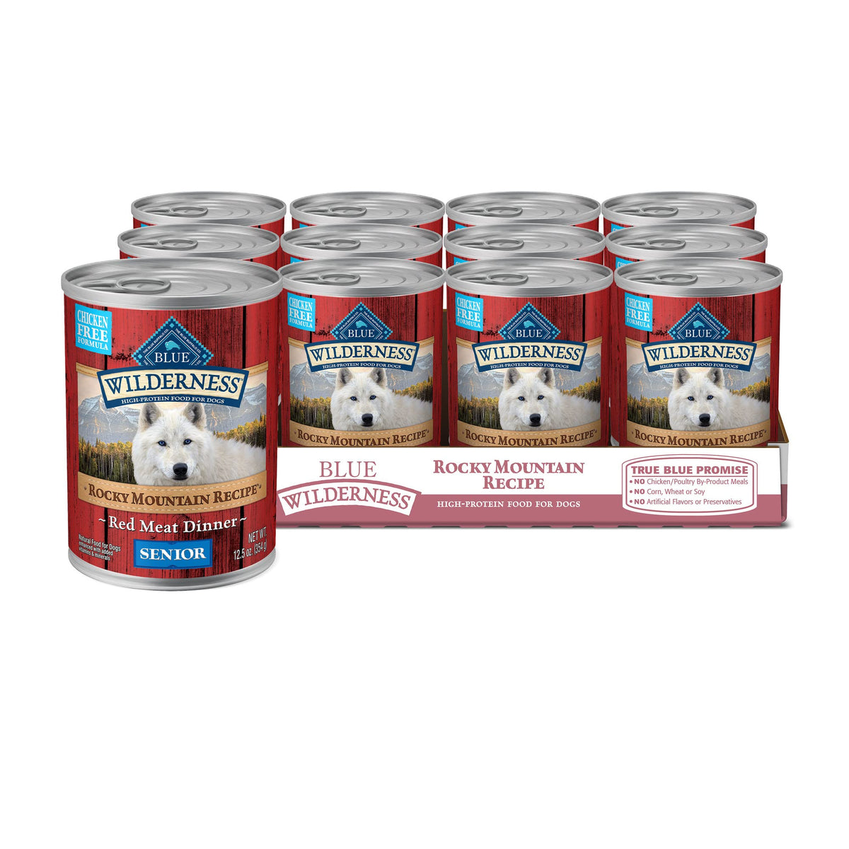 Blue Buffalo Wilderness Rocky Mountain Senior – boîte humide boeuf rouge, protéine élevée.