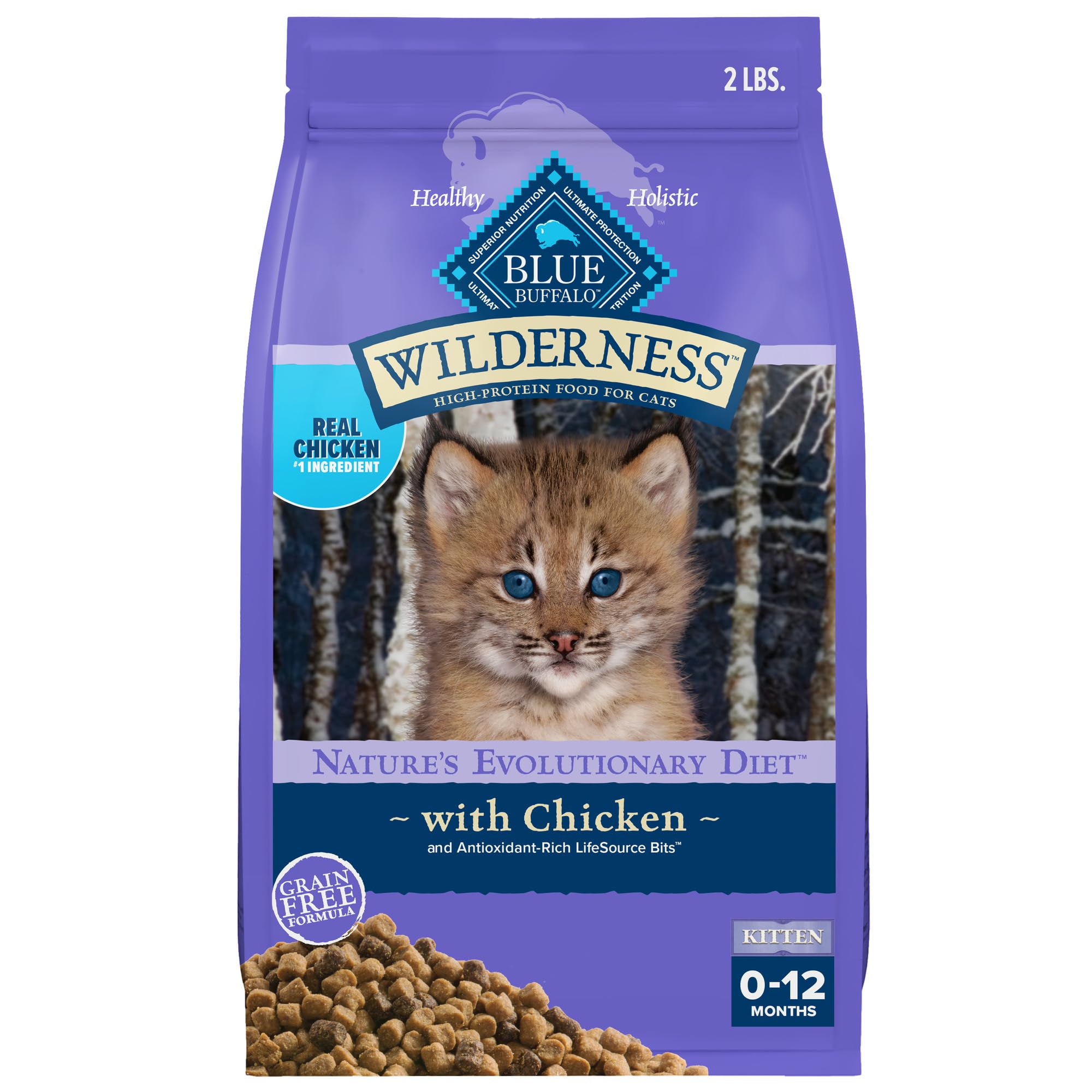 Blue Buffalo Wilderness chaton, poulet premier ingrédient, favorise croissance et énergie durable.