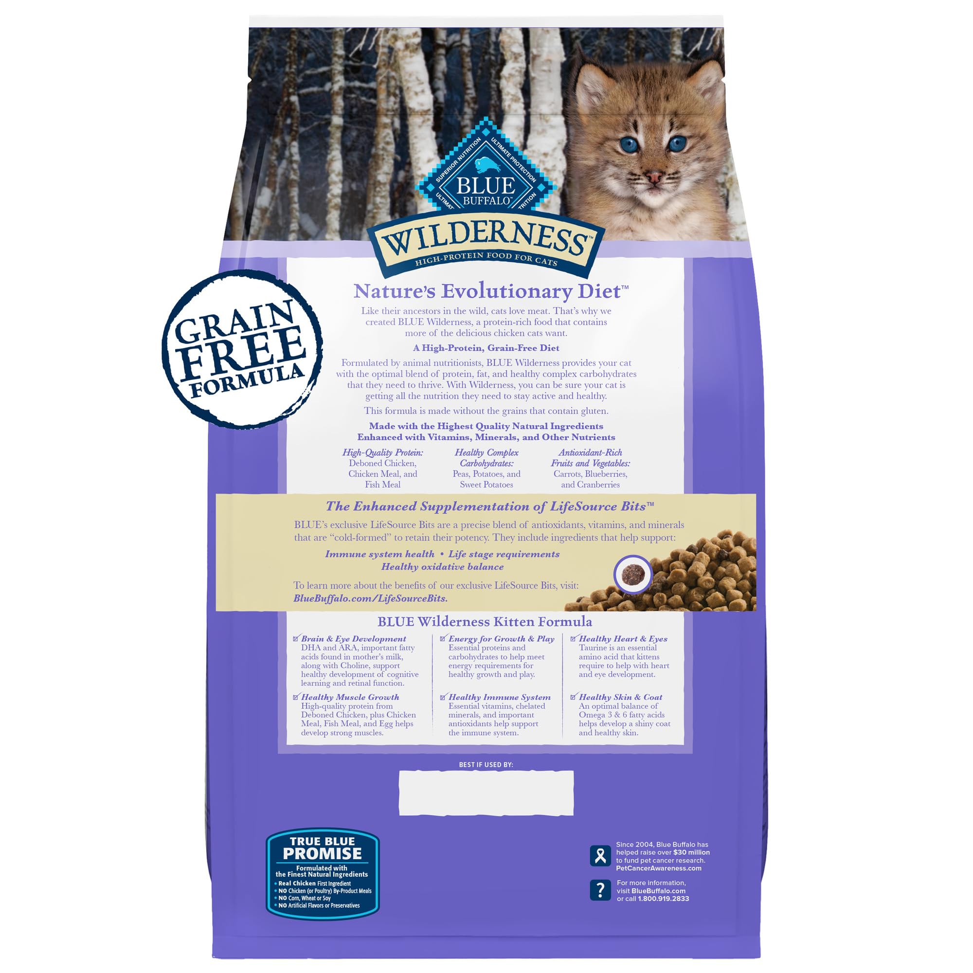 Blue Buffalo Wilderness chaton, protéine élevée pour croissance musculaire et vitalité.
