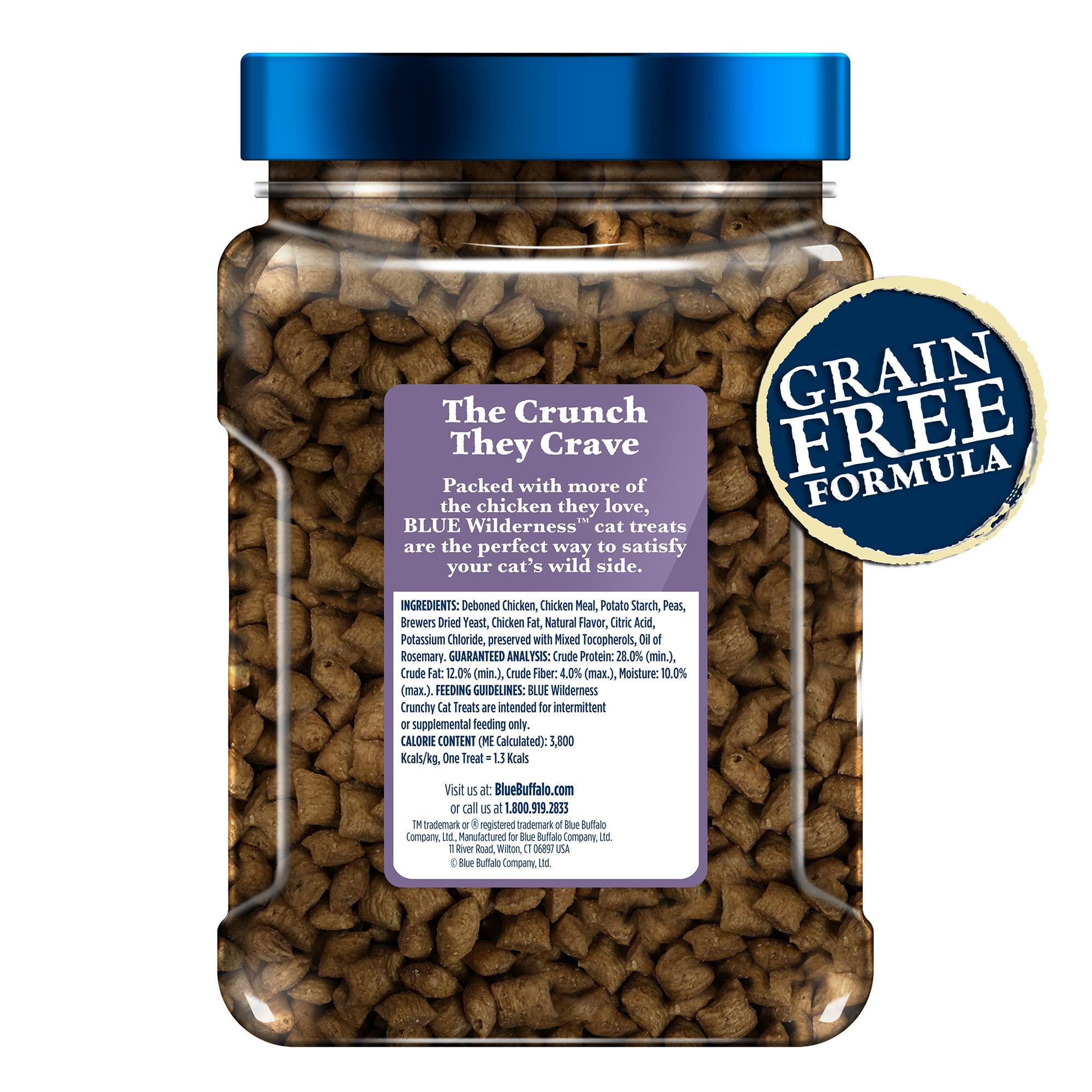 Blue Buffalo Wilderness Crunchy Cat Treats sans céréales, texture croquante appréciée des chats.