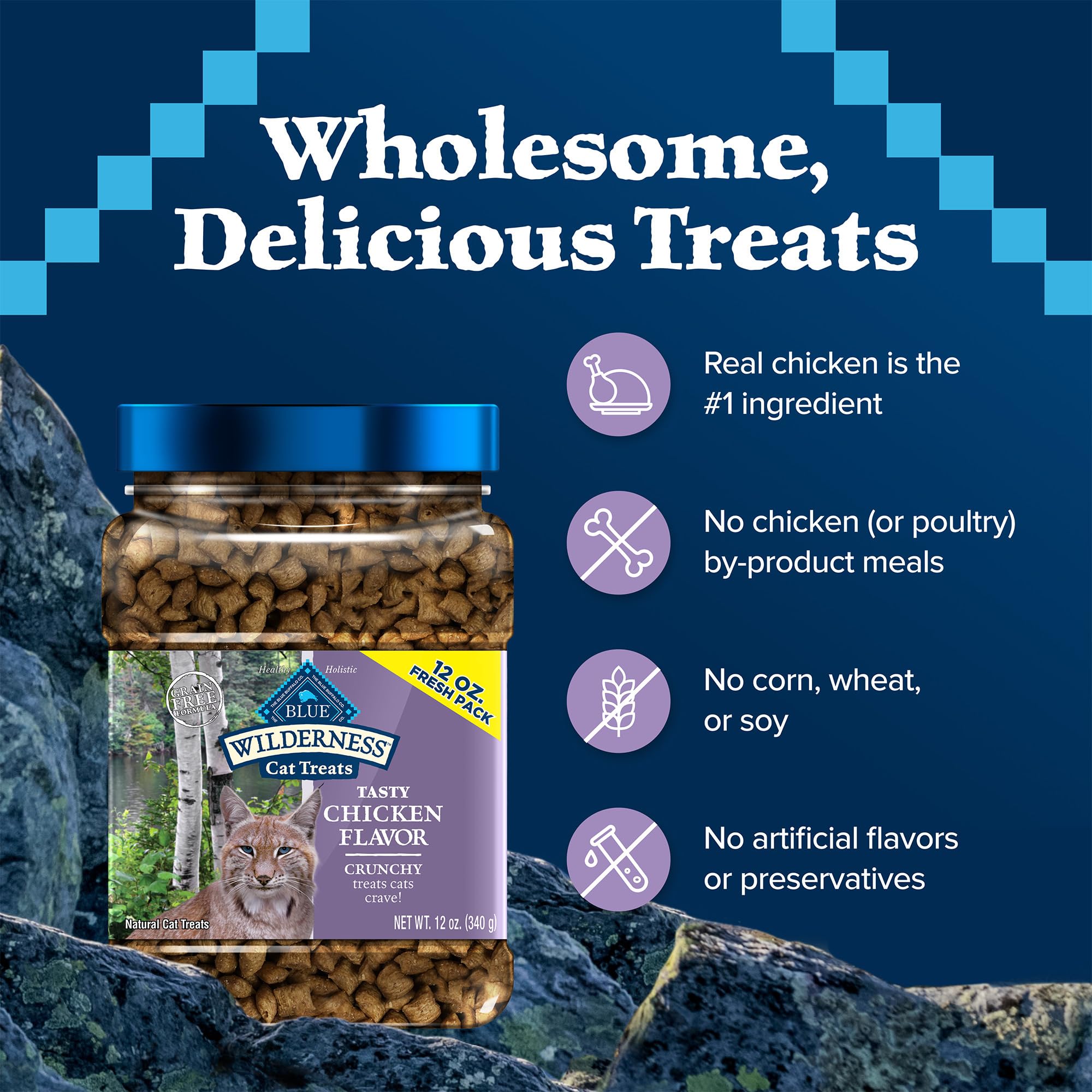 Blue Buffalo Wilderness Crunchy Cat Treats sans maïs ni blé ni soja, choix naturel.