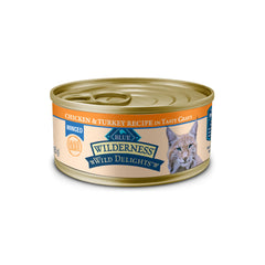 Blue Buffalo Wilderness Delights: poulet et dinde hachés dans une sauce savoureuse, texture tendre.