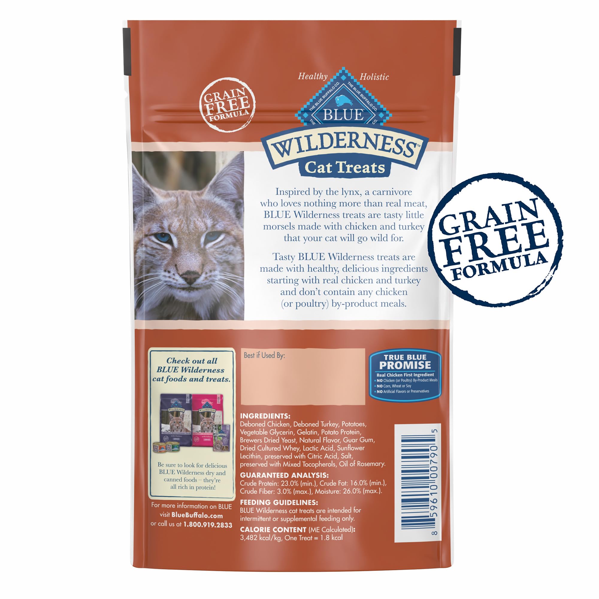 Friandises sans céréales Blue Buffalo Wilderness adaptées aux chats sensibles.