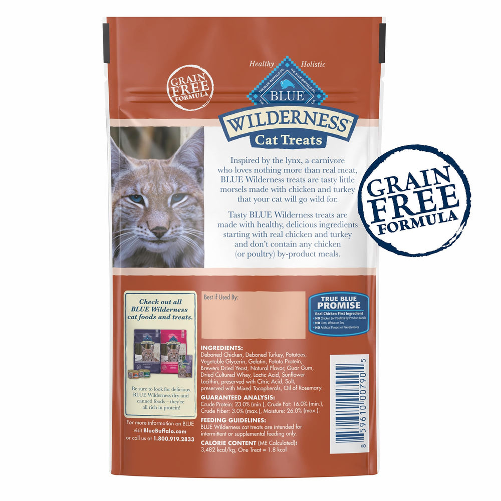 Friandises sans céréales Blue Buffalo Wilderness adaptées aux chats sensibles.