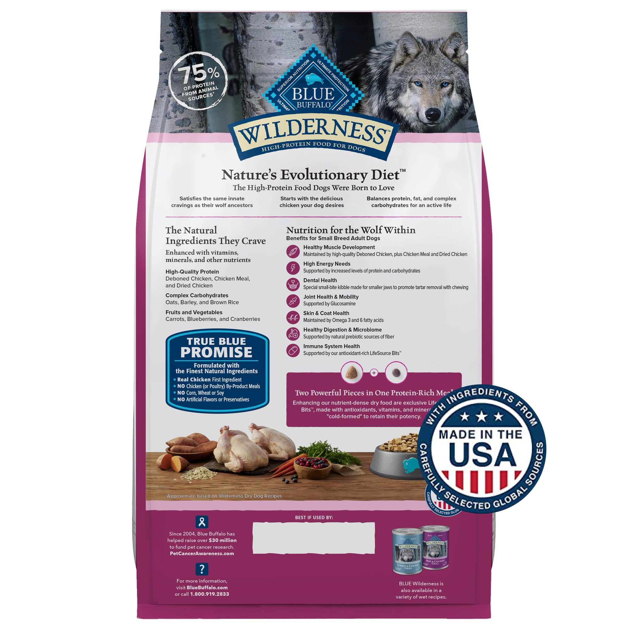 Blue Buffalo Wilderness haute-protéine pour petits chiens actifs.