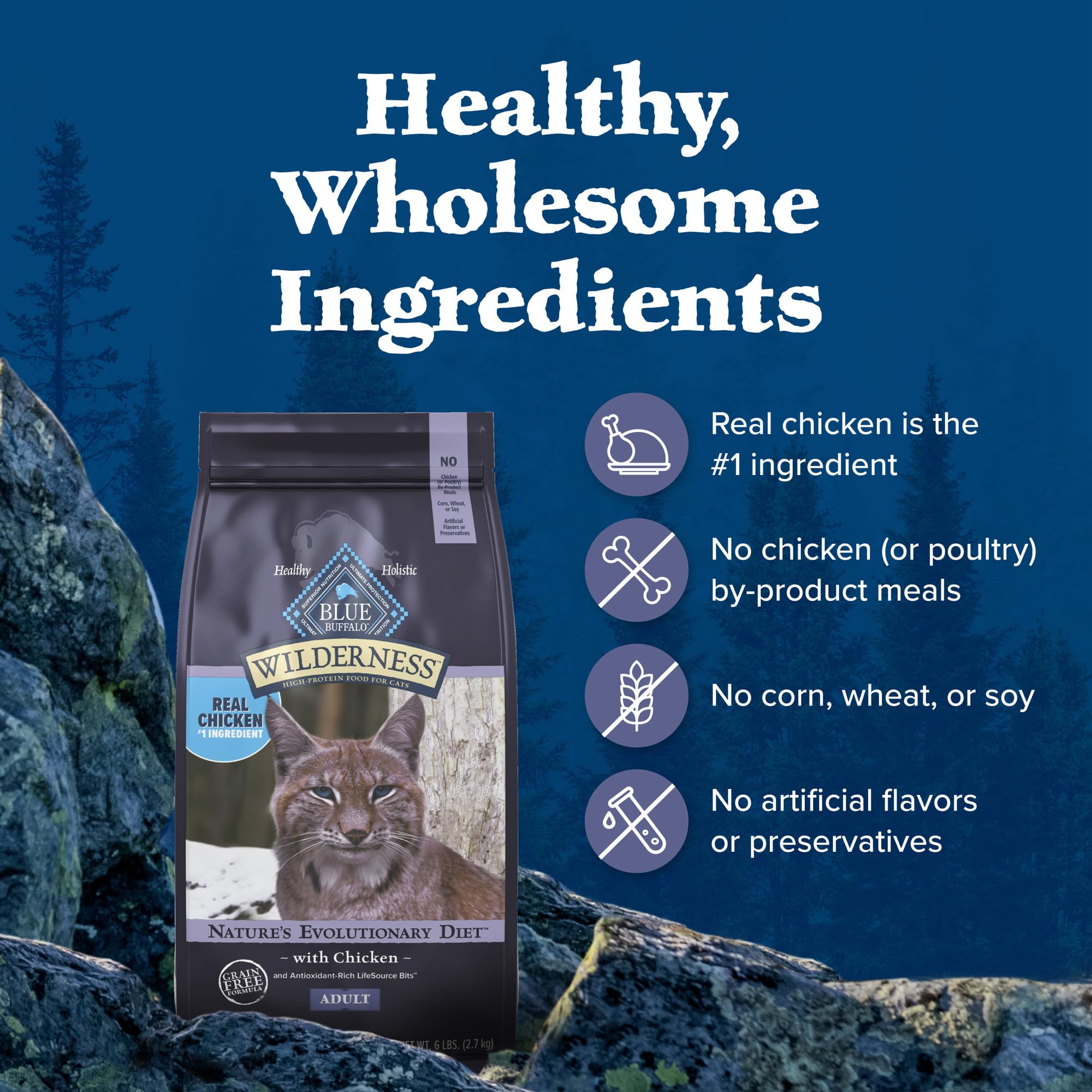 Ingrédients naturels Blue Buffalo Wilderness pour chat adulte actif.