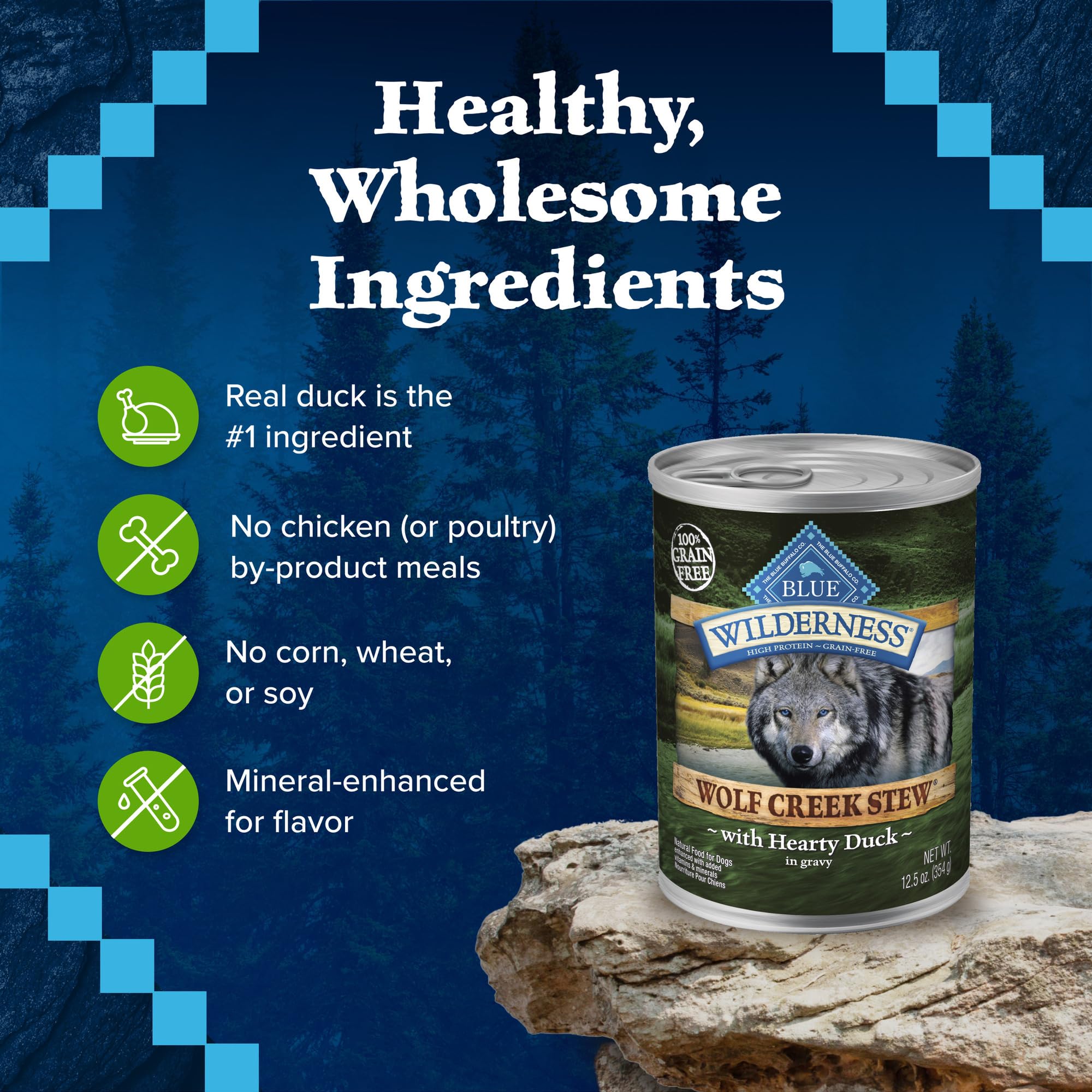 12 boîtes de 12,5 oz de Blue Buffalo Wilderness Wolf Creek Stew visibles.