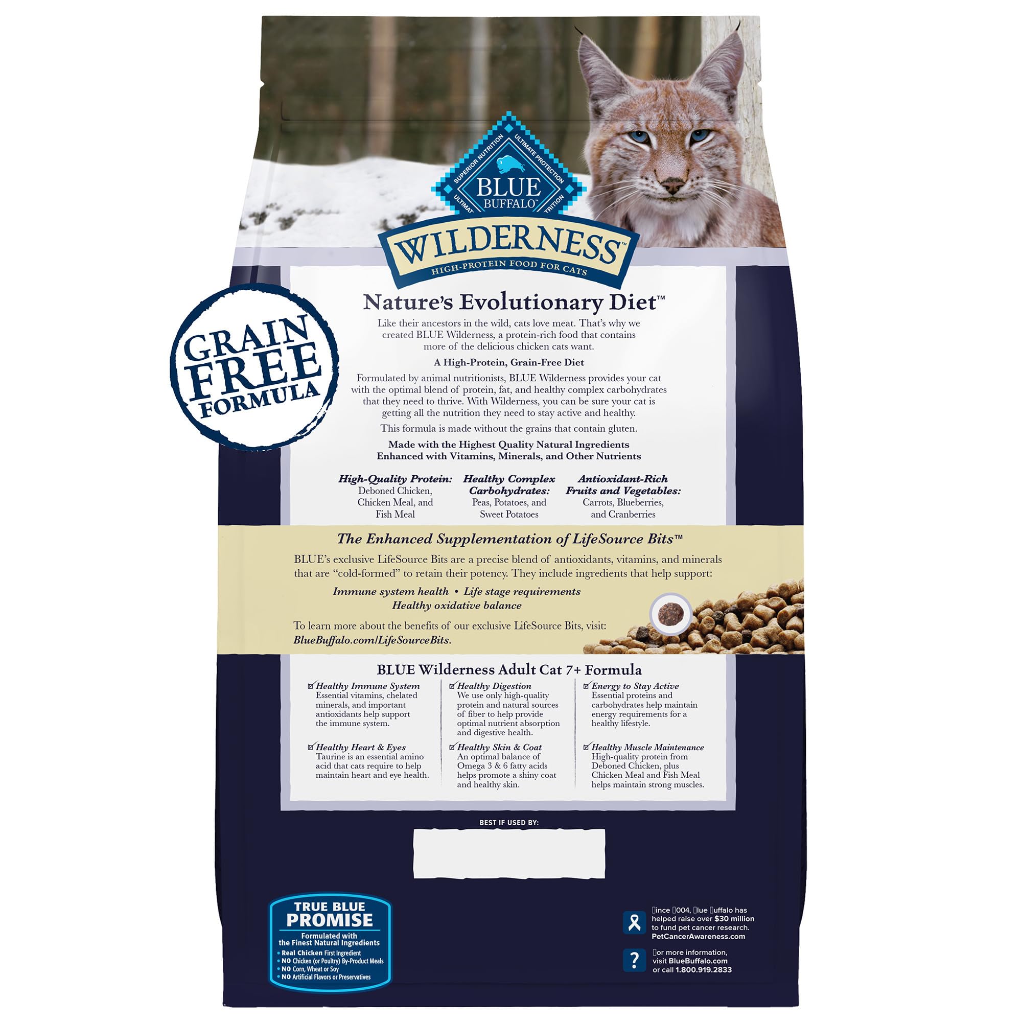 Croquettes Blue Buffalo Wilderness Mature formulée pour chats matures et protéines élevées.