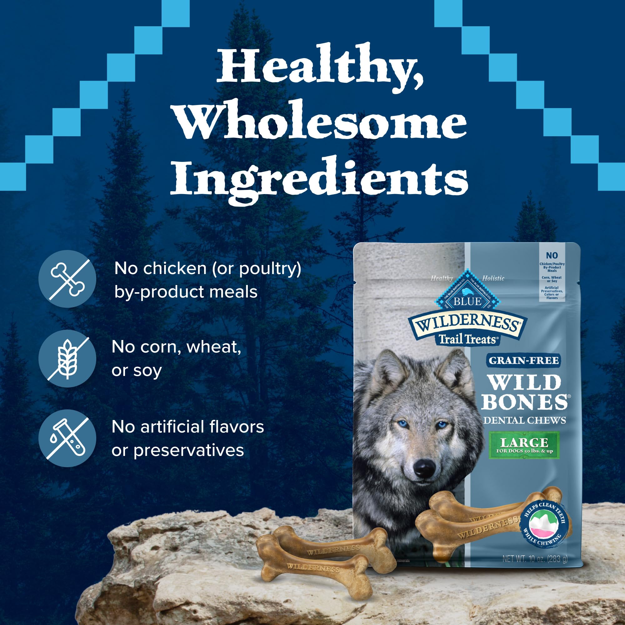Arôme naturel des os dentaires gros Blue Buffalo Wilderness pendant la mastication.