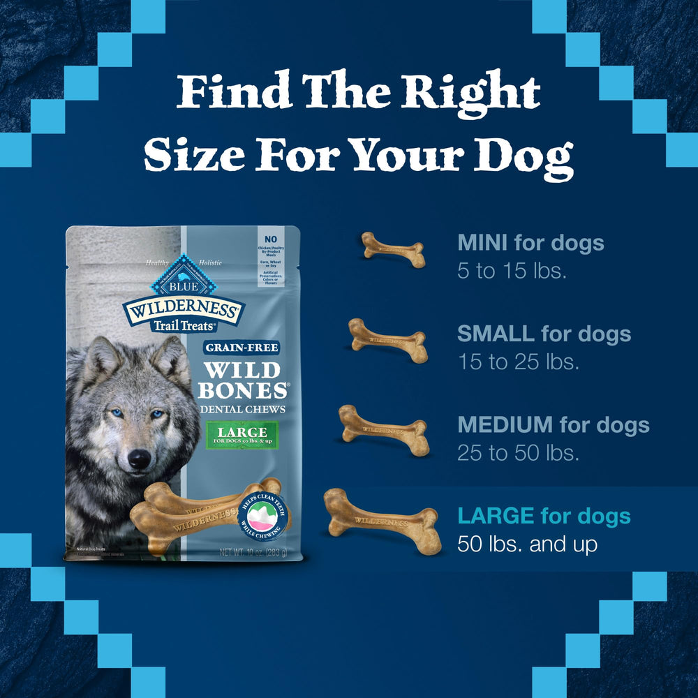 Chien de grande taille mâchant Blue Buffalo Wilderness os dentaires gros, satisfait et actif.