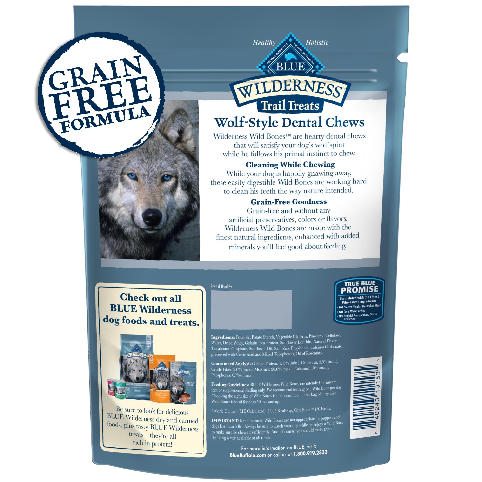 Os dentaires gros Blue Buffalo Wilderness, texture robuste pour une mastication durable.